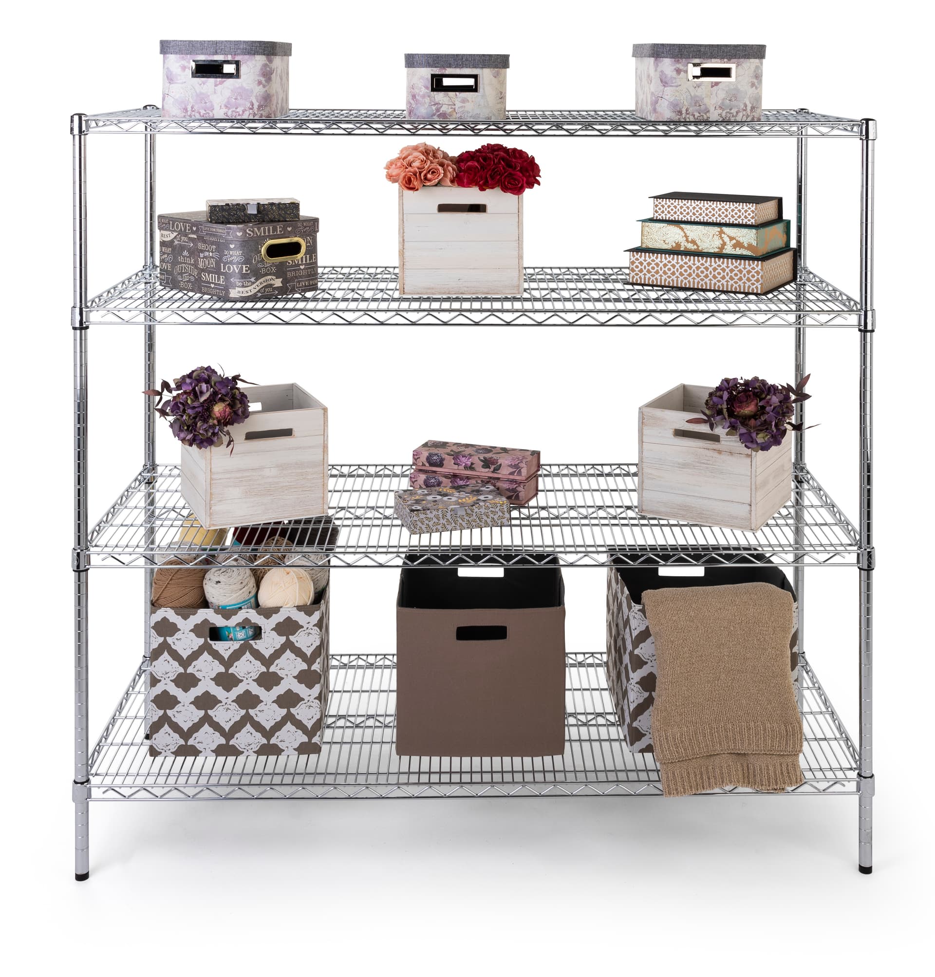 Commercial wire rack shelving has a weight capacity of 330 pounds per level