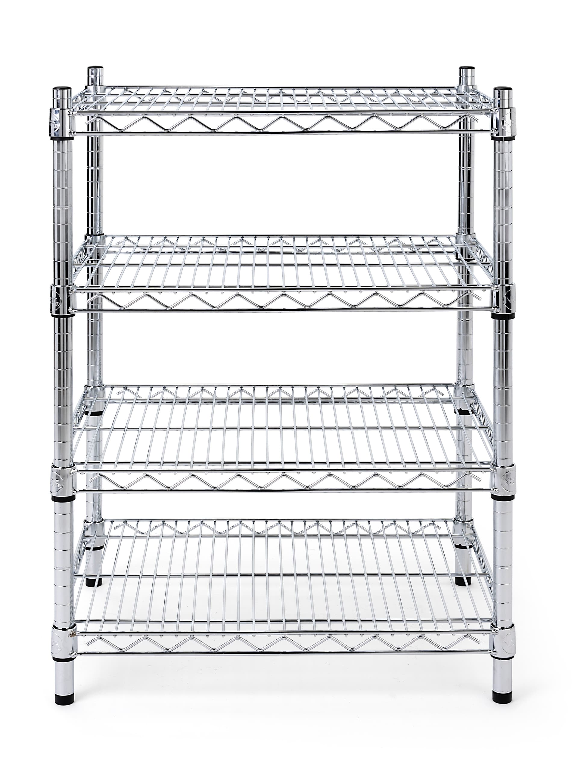 Metal wire shelving unit has a weight capacity of 330 pounds per shelv