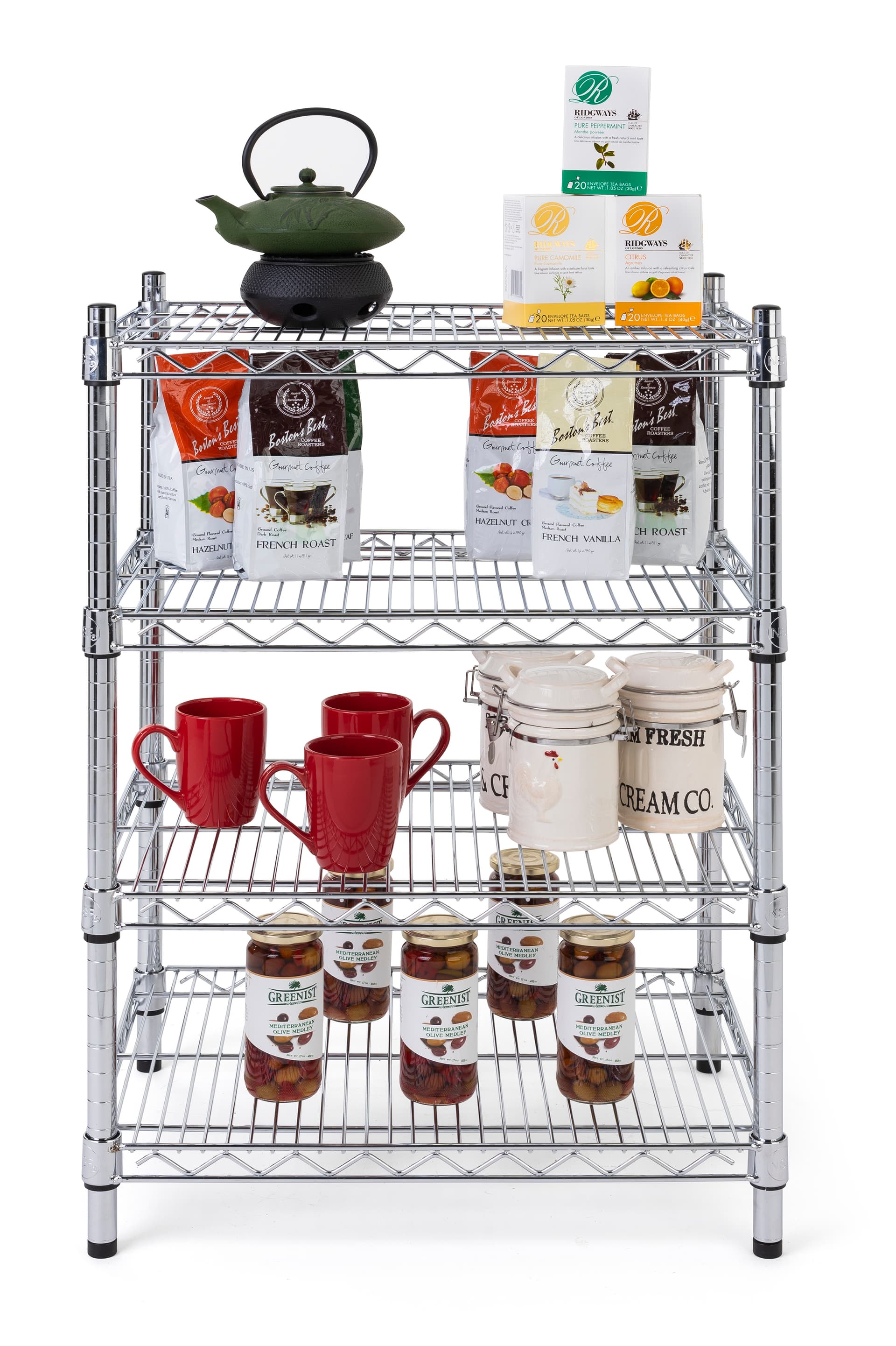 Metal wire shelving unit with 24 inch wide shelves