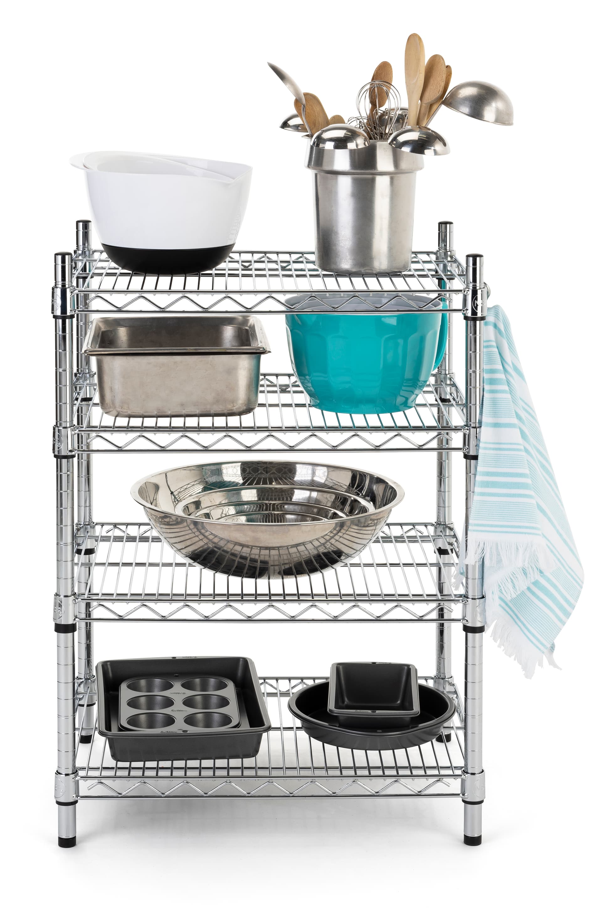 Metal wire shelving unit has four sturdy chrome tiers