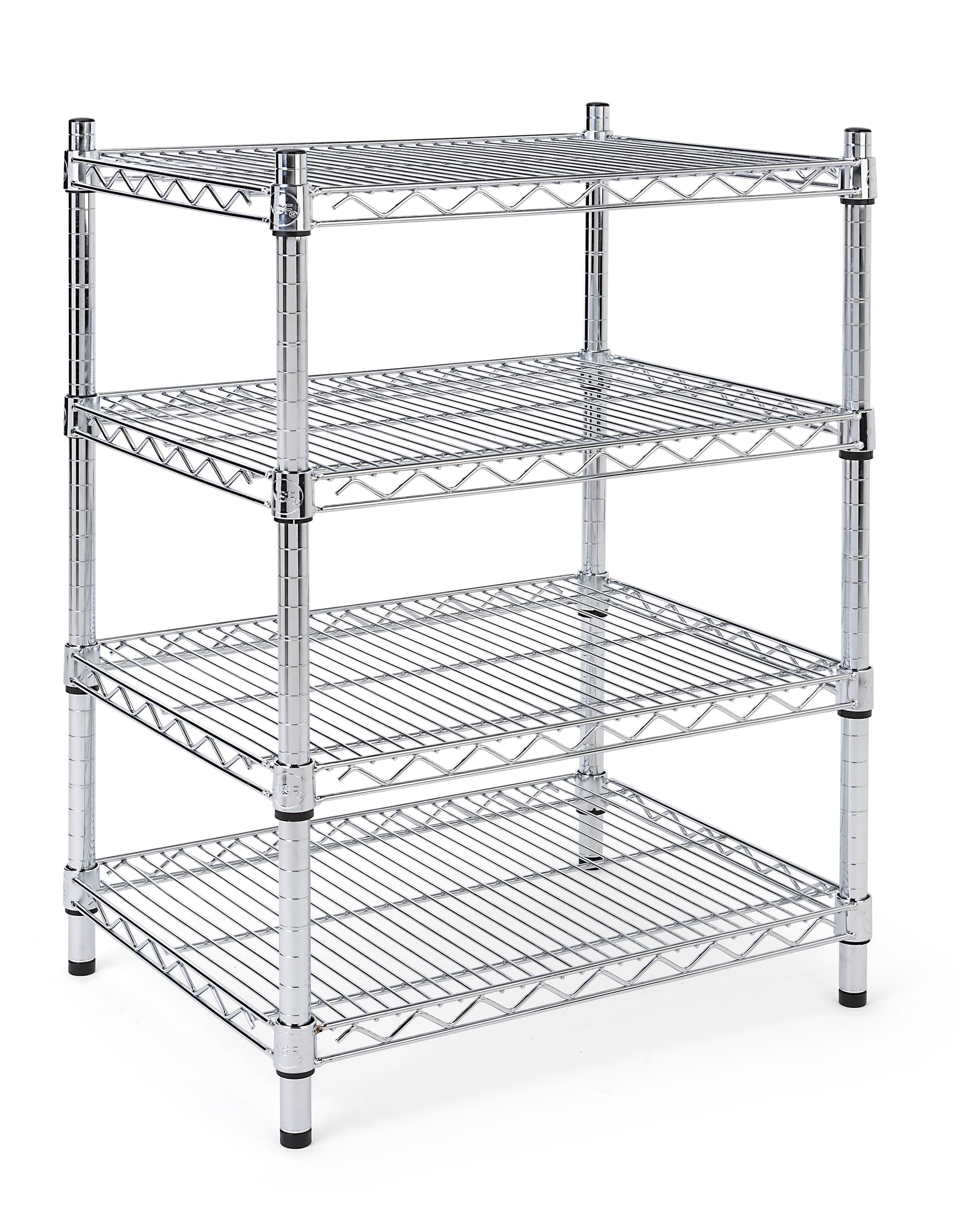 Metal wire shelving unit with four adjustable tiers
