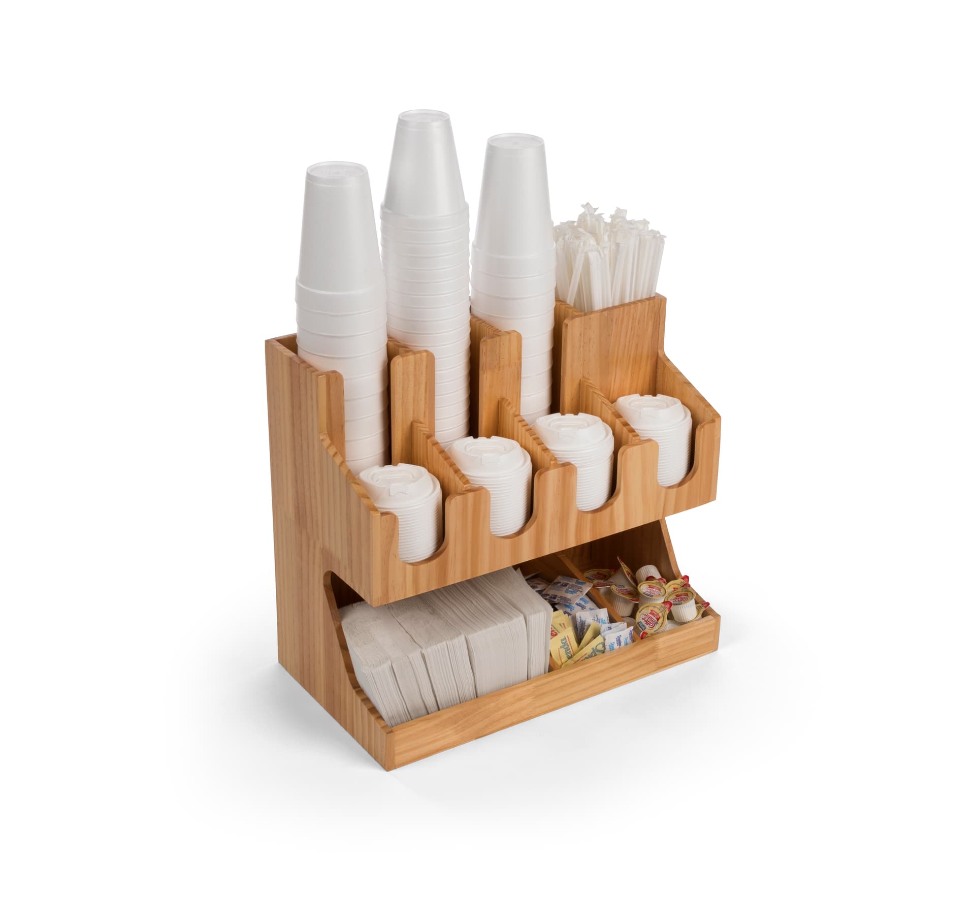Three-tier wood coffee condiment station organizer