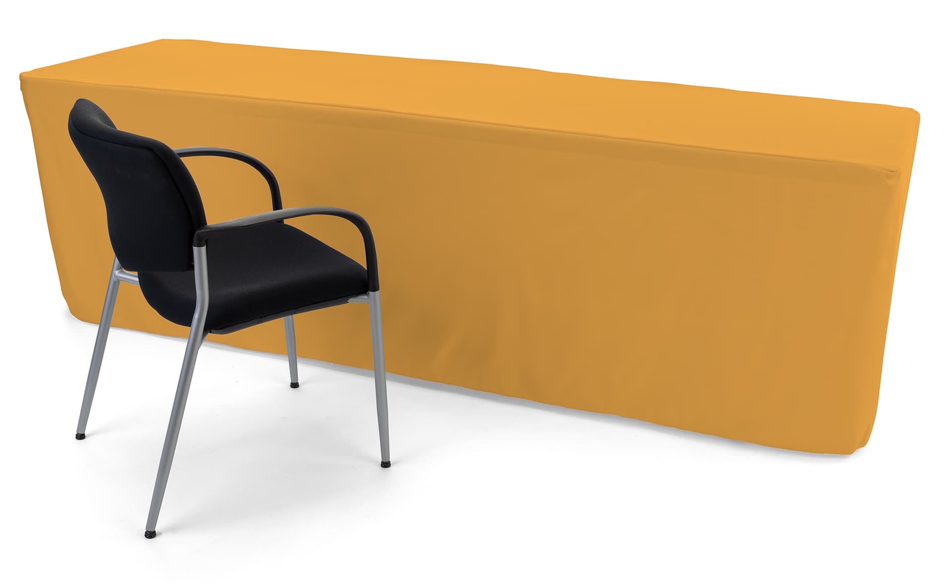 Gold trade show table throws with fitted skirt design 