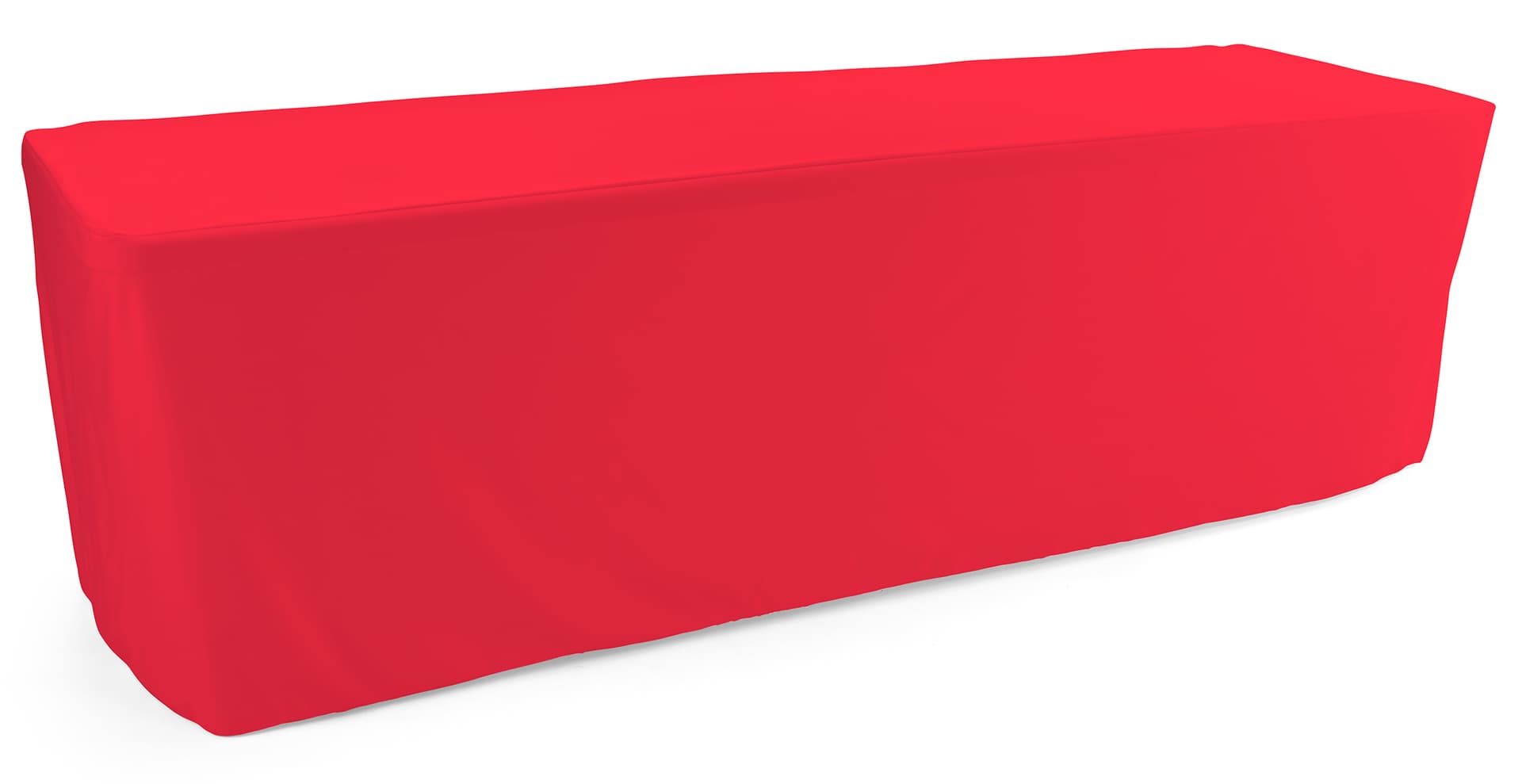 Red trade show table throws made with flame retardant fabric 