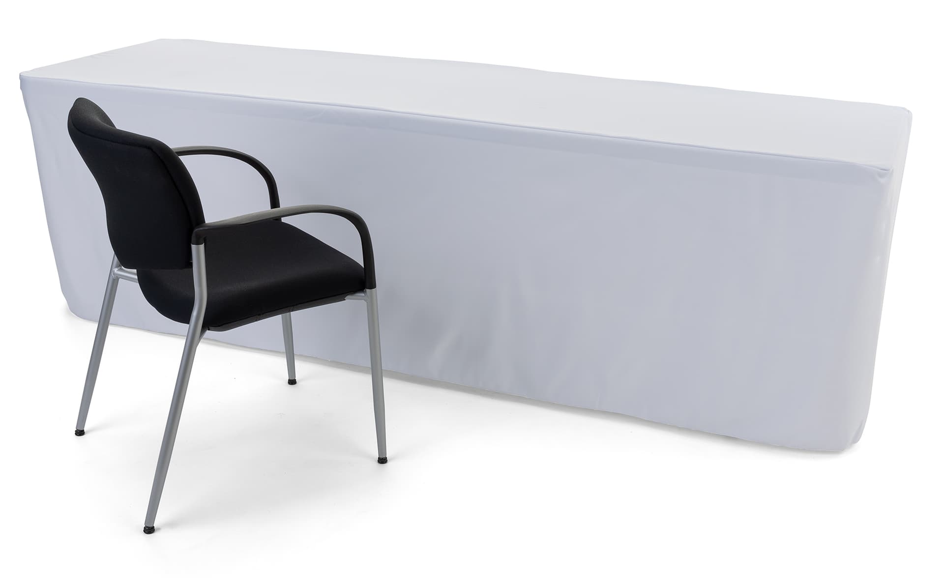 White trade show table throws with overlock stitched hem 