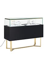 Retail glass display counter with gold accents