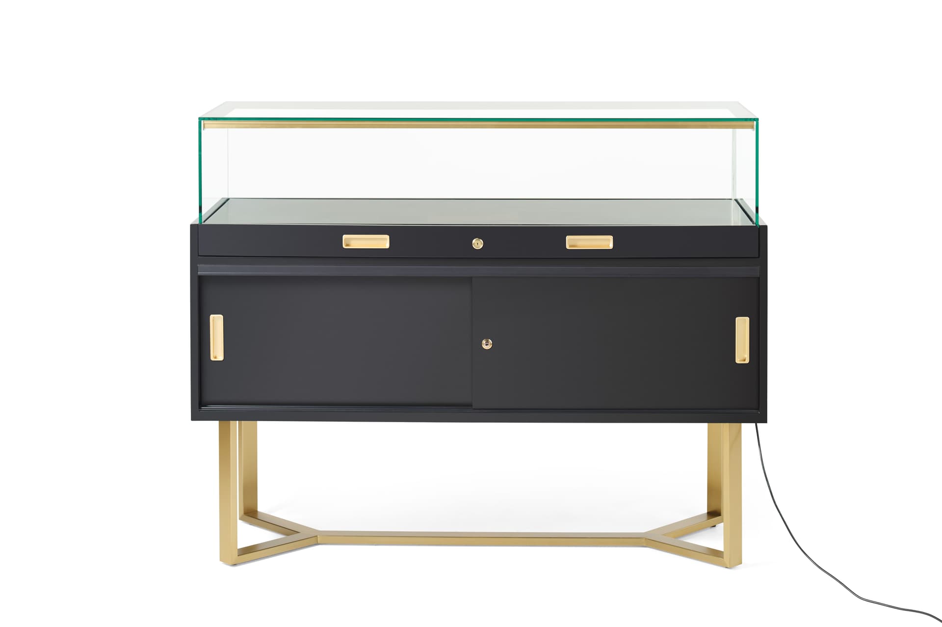 Retail glass display counter with lockable storage