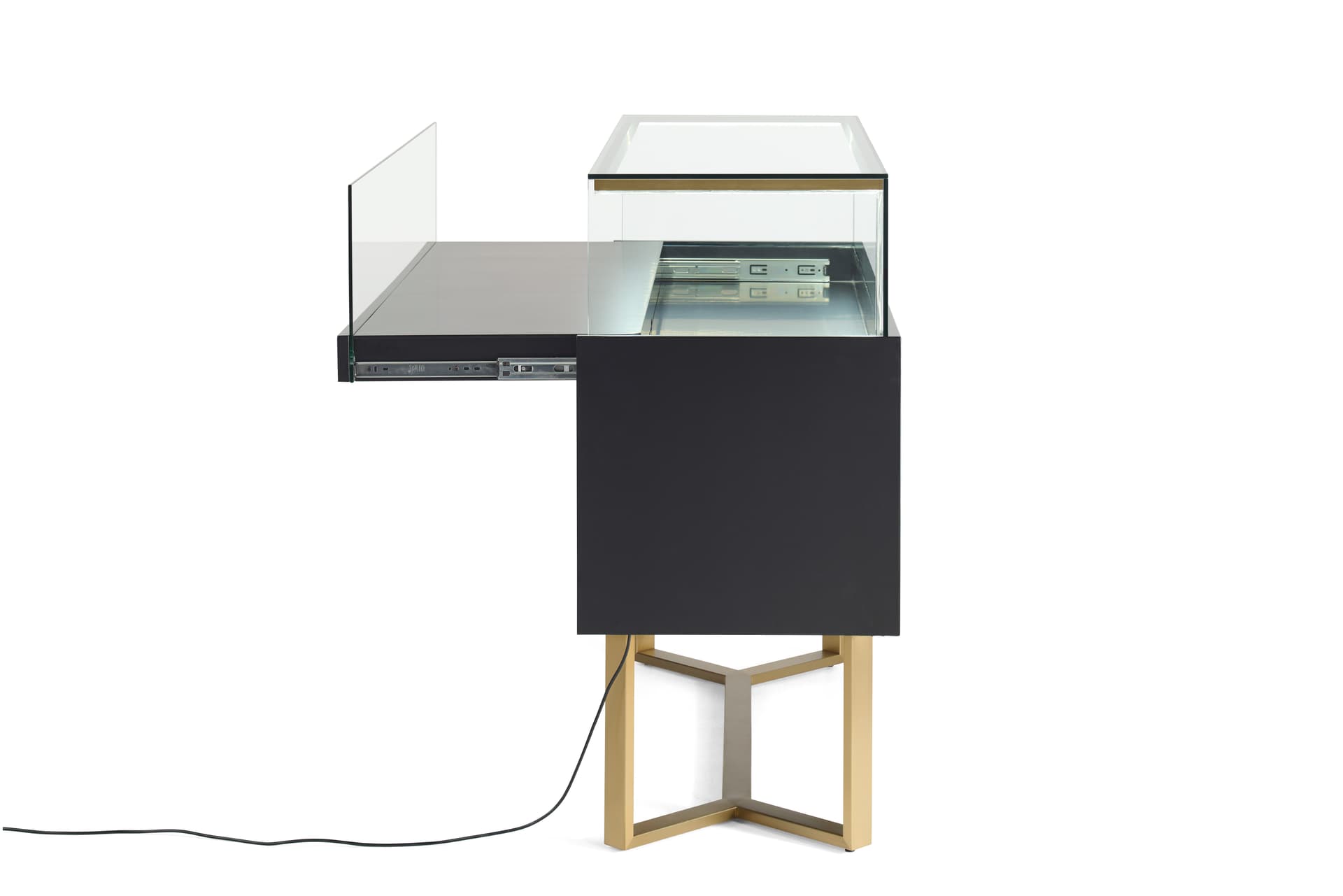 Retail glass display counter with pullout display shelf