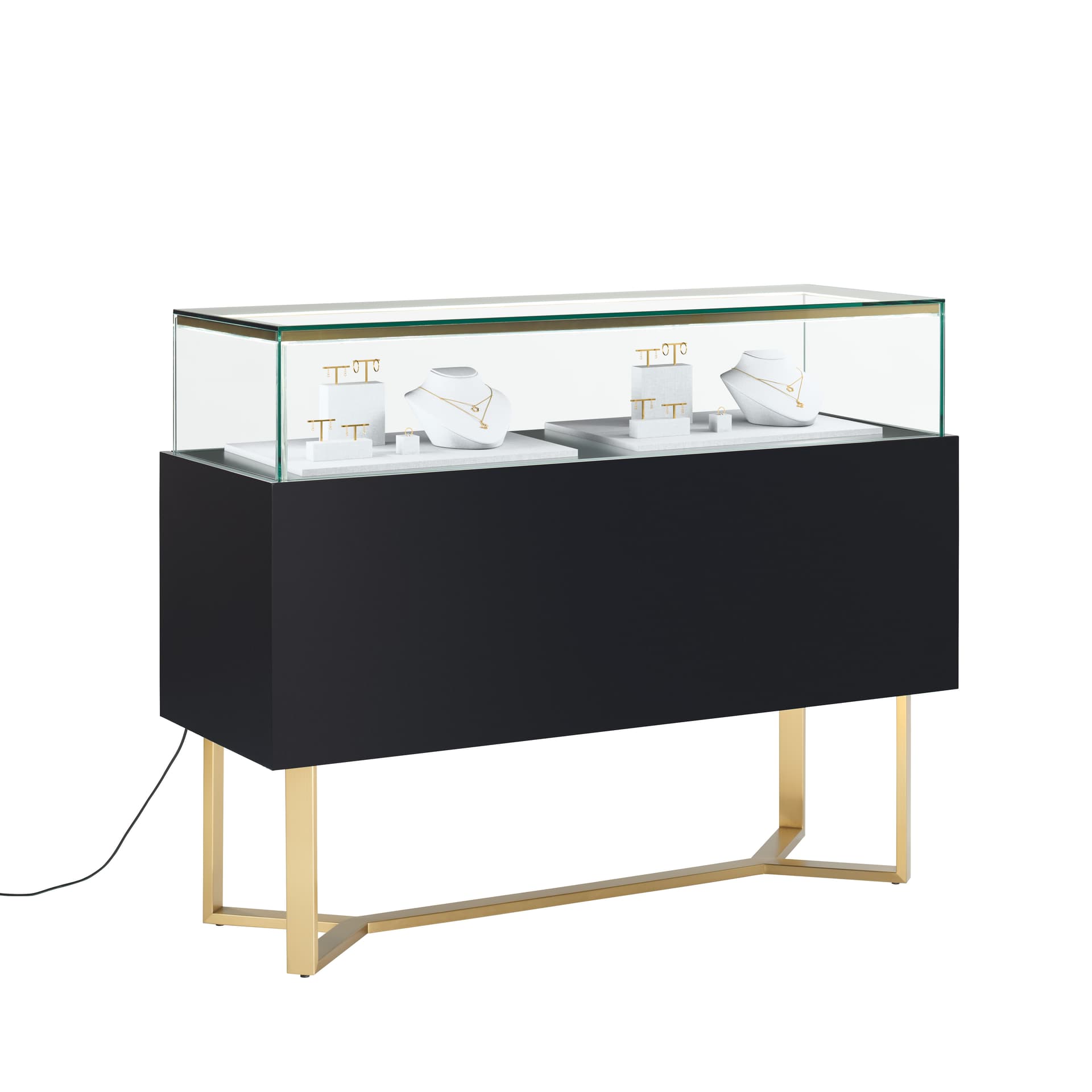 Retail glass display counter with elegant gold base