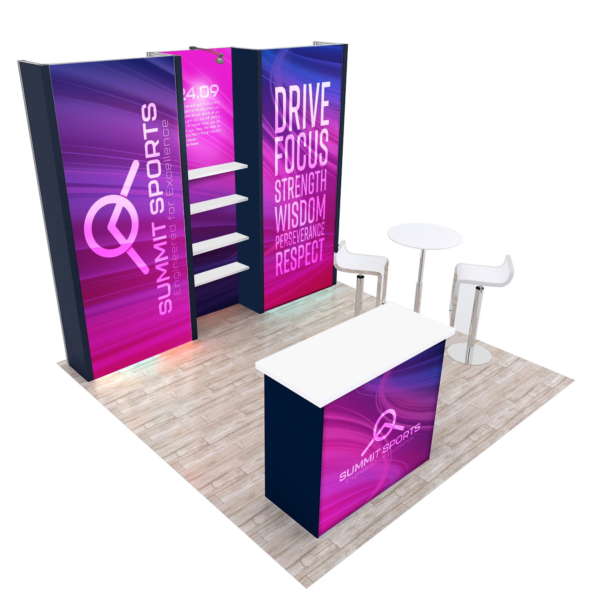 10x10 Trade Show Booth Kit w/ SEG Graphics, Counter, Full-Size Closet