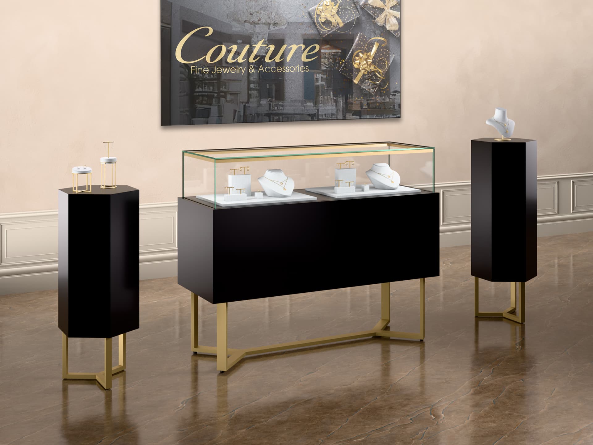 Retail Display Counter paired with Pedestals