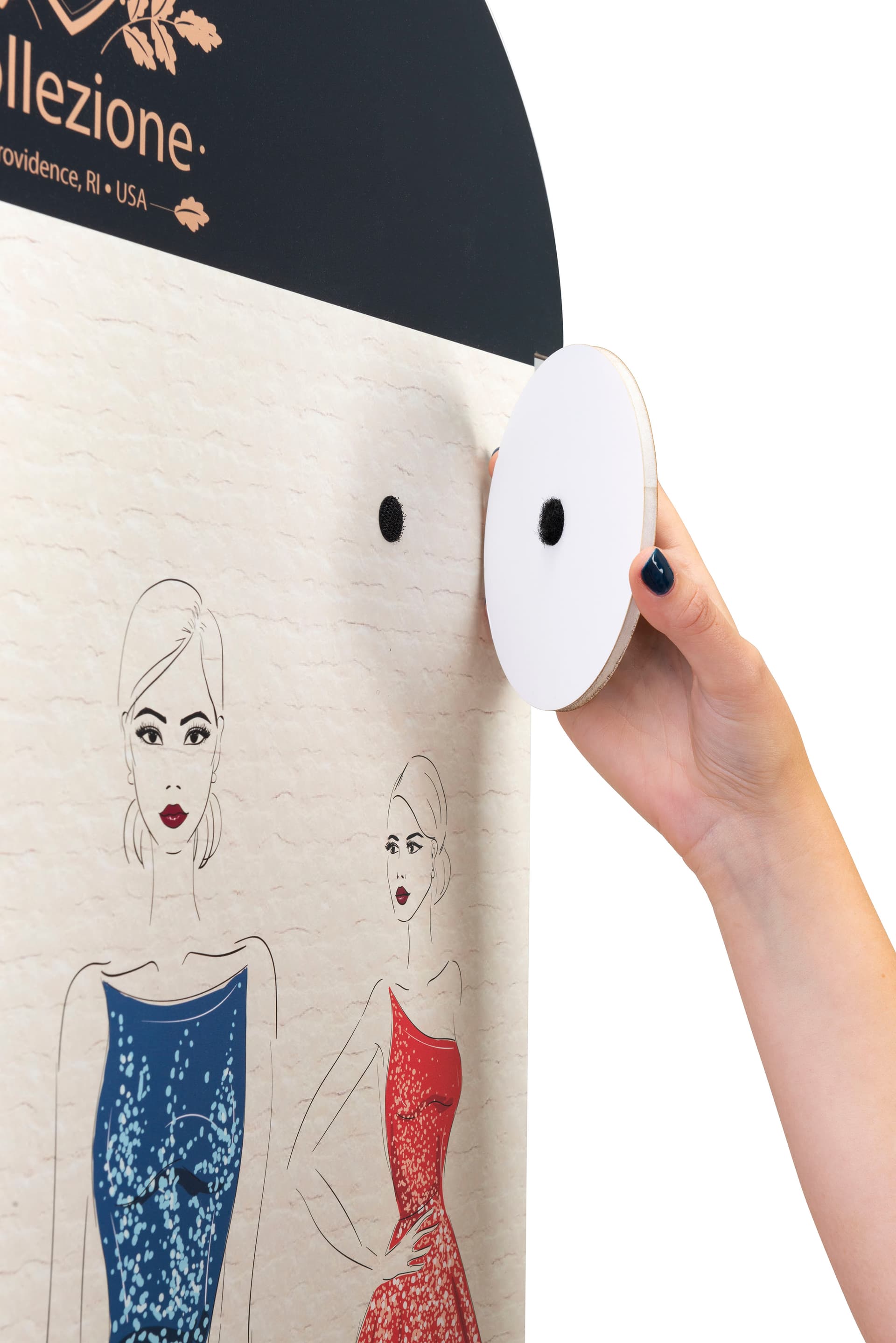 Dimensional sign frame insert features 4 pop up rounds with hook and loop attachment 
