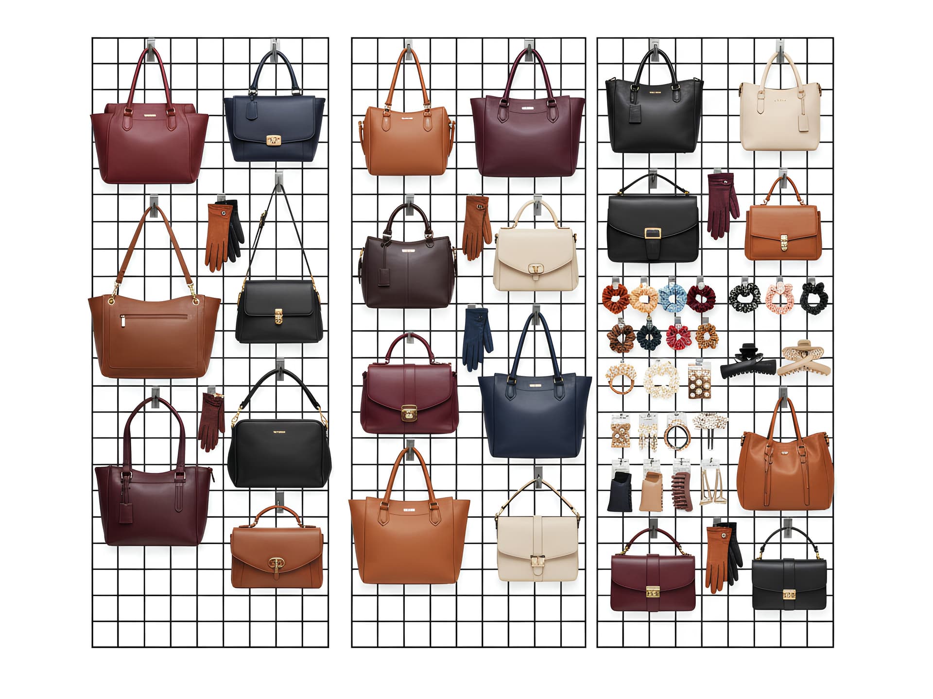 Gridwall panel display shown with retail merchandise