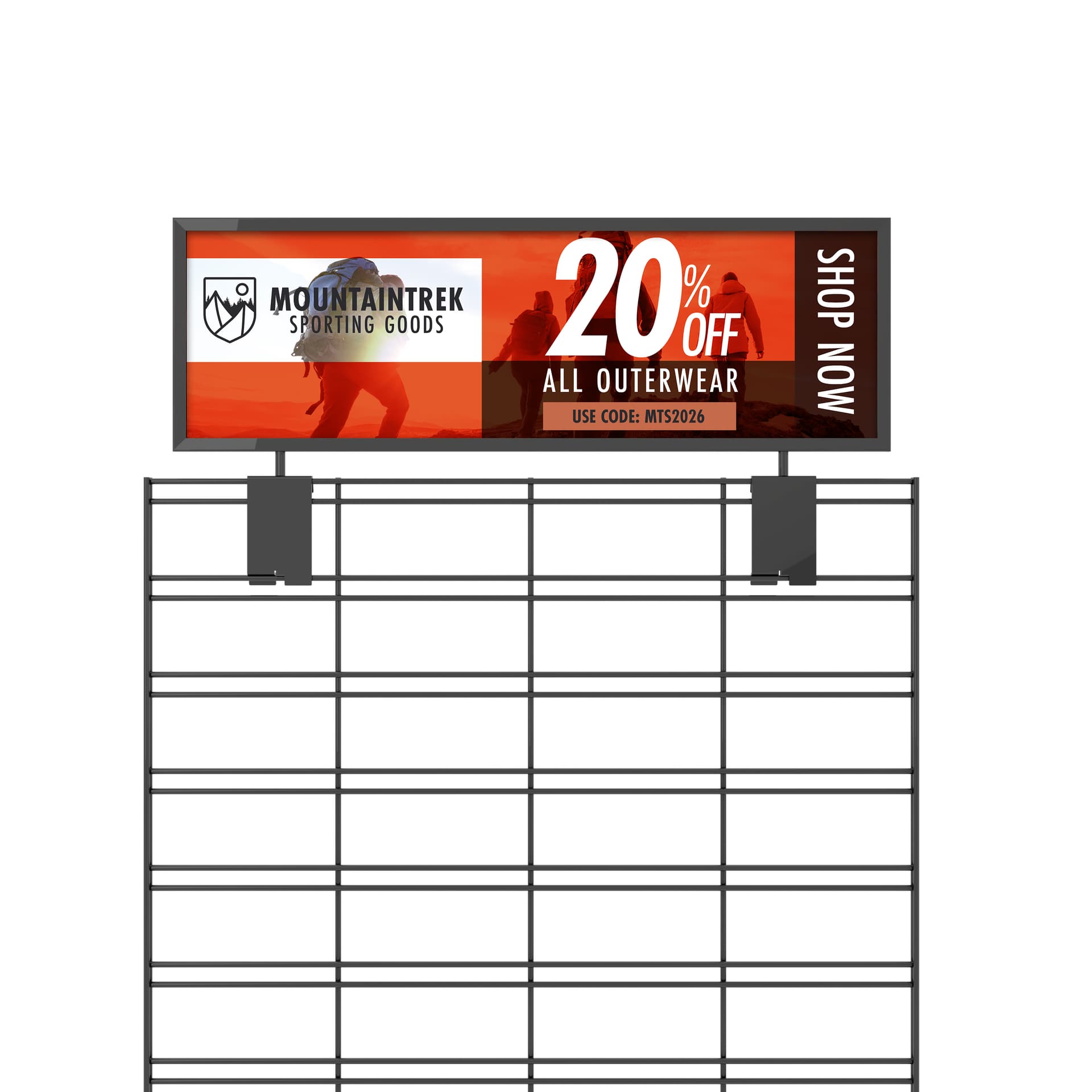 Gridwall sign holder shown being mounted on top of a gridwall with an outdoor sports advertising
