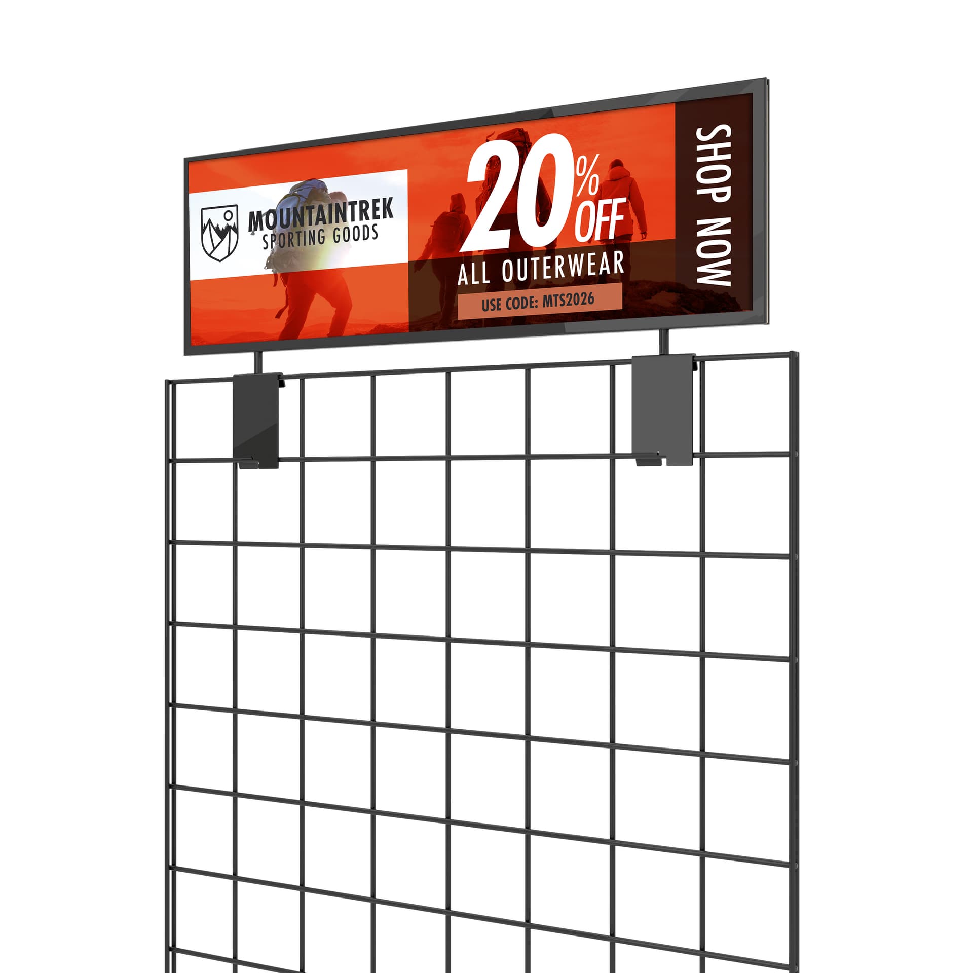 Gridwall sign holder shown being mounted on top of a gridwall with an outdoor sports advertising