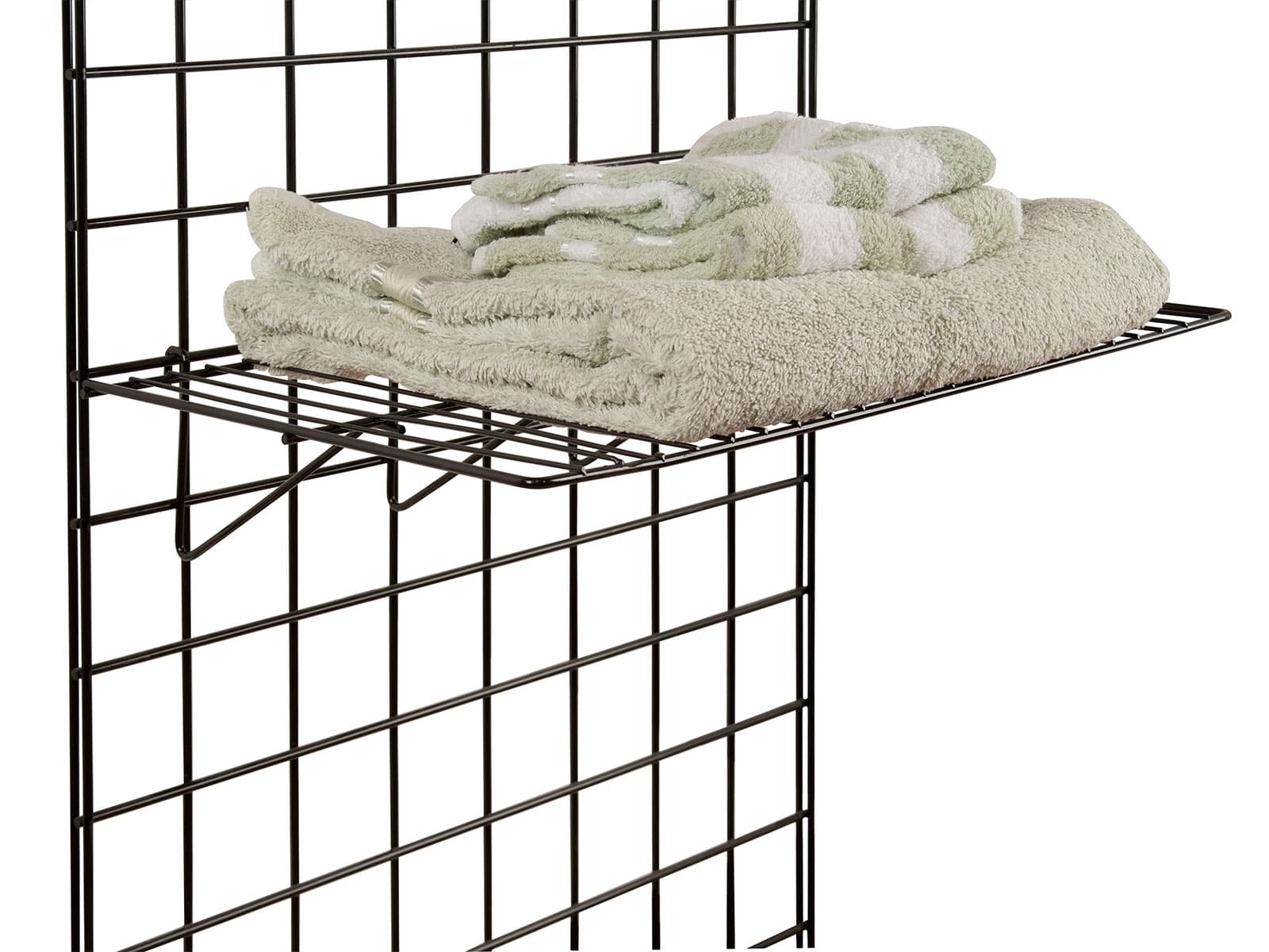 Wire shelf for gridwall holding folded towels