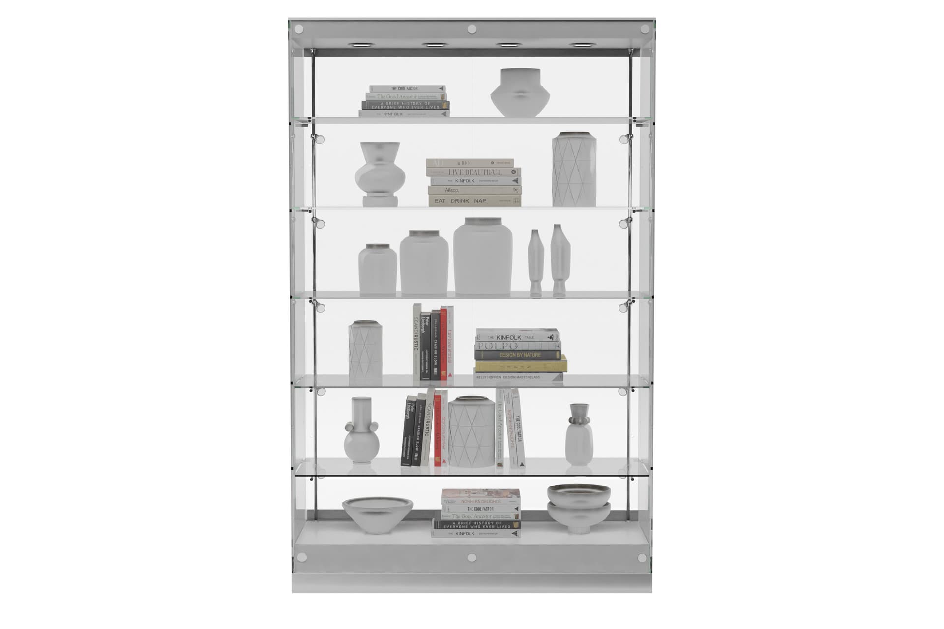 Contemporary glass display cabinets with five shelves and LED lighting