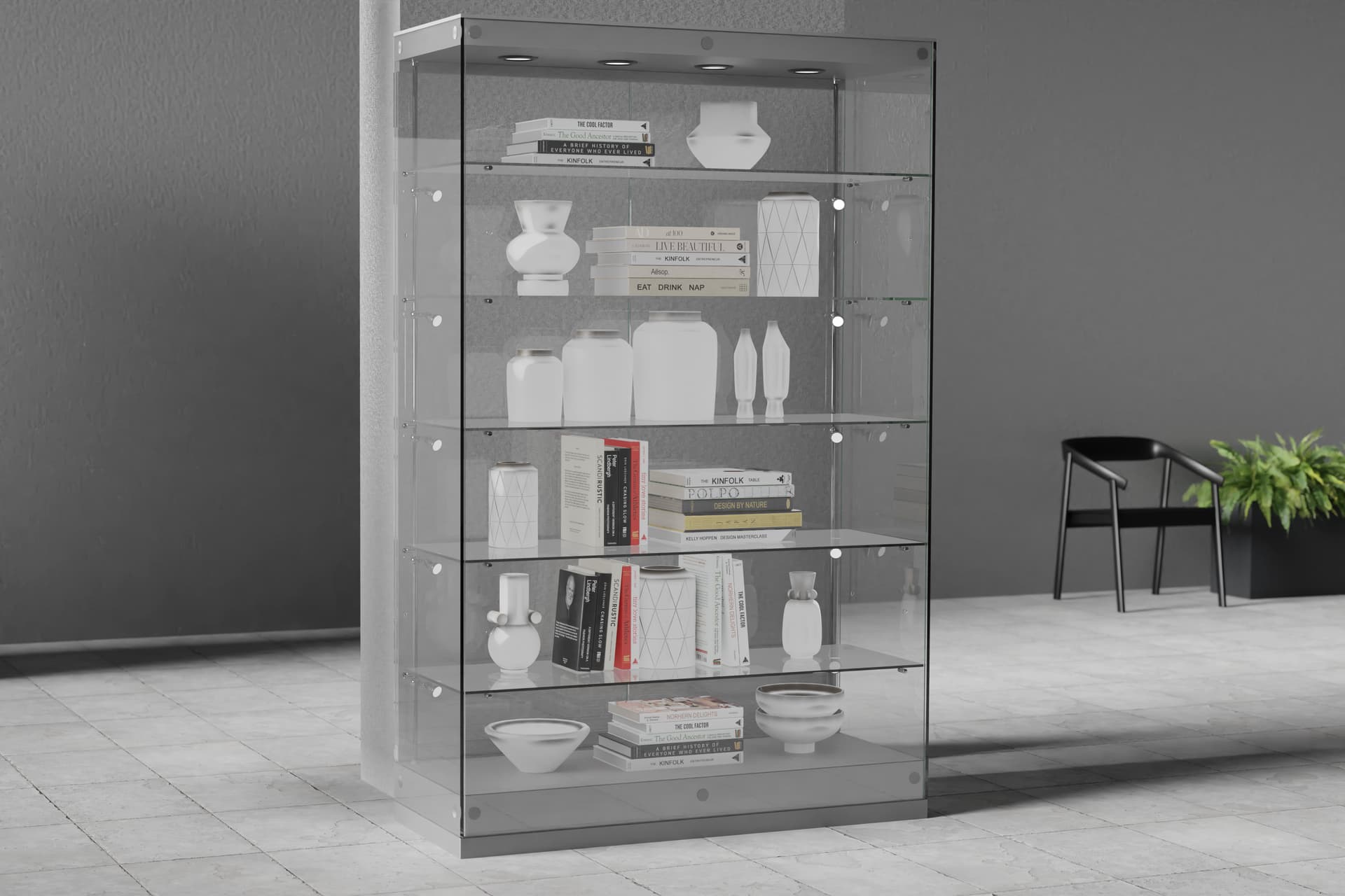 Contemporary glass display cabinets with four top lights