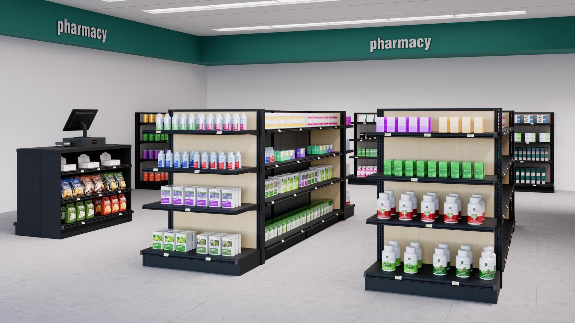 Retail cash wrap counter showcasing the unit being utilized in a convenient store