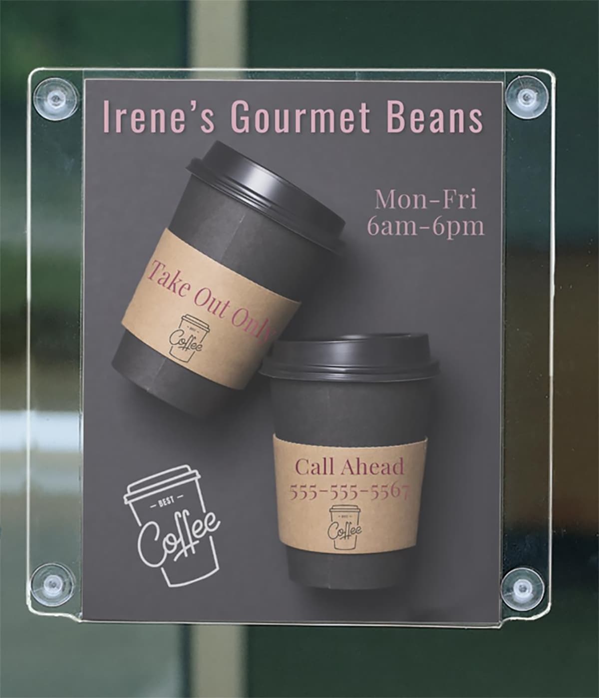 Window sign holder with glass or door placement