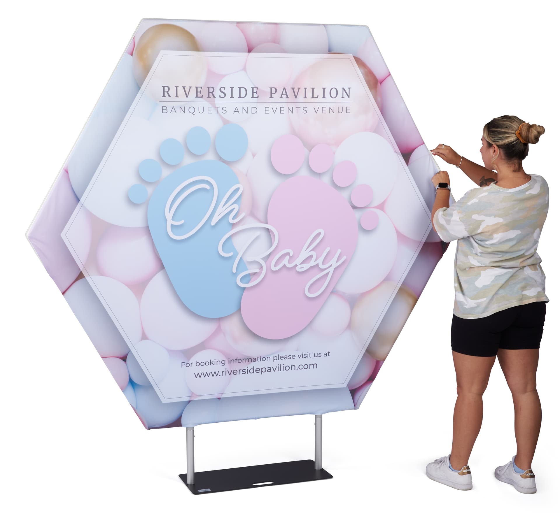 Double sided replacement graphic for HEXBWALLSS_Hexagonal pop up display is easy to assemble 