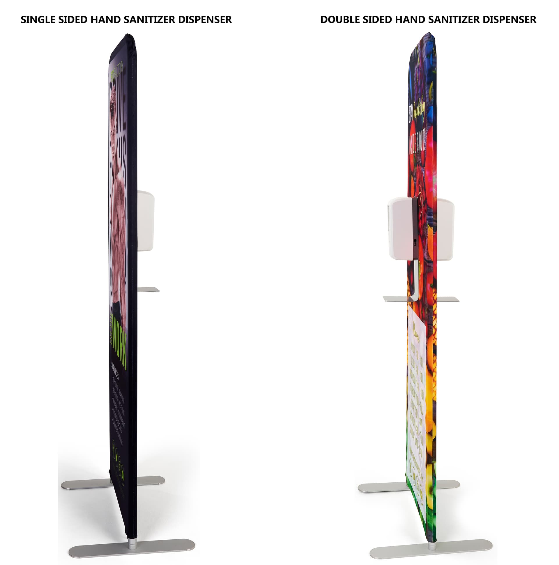 Touchless hand sanitizer banner stand with single or double-sided cleansing dispenser