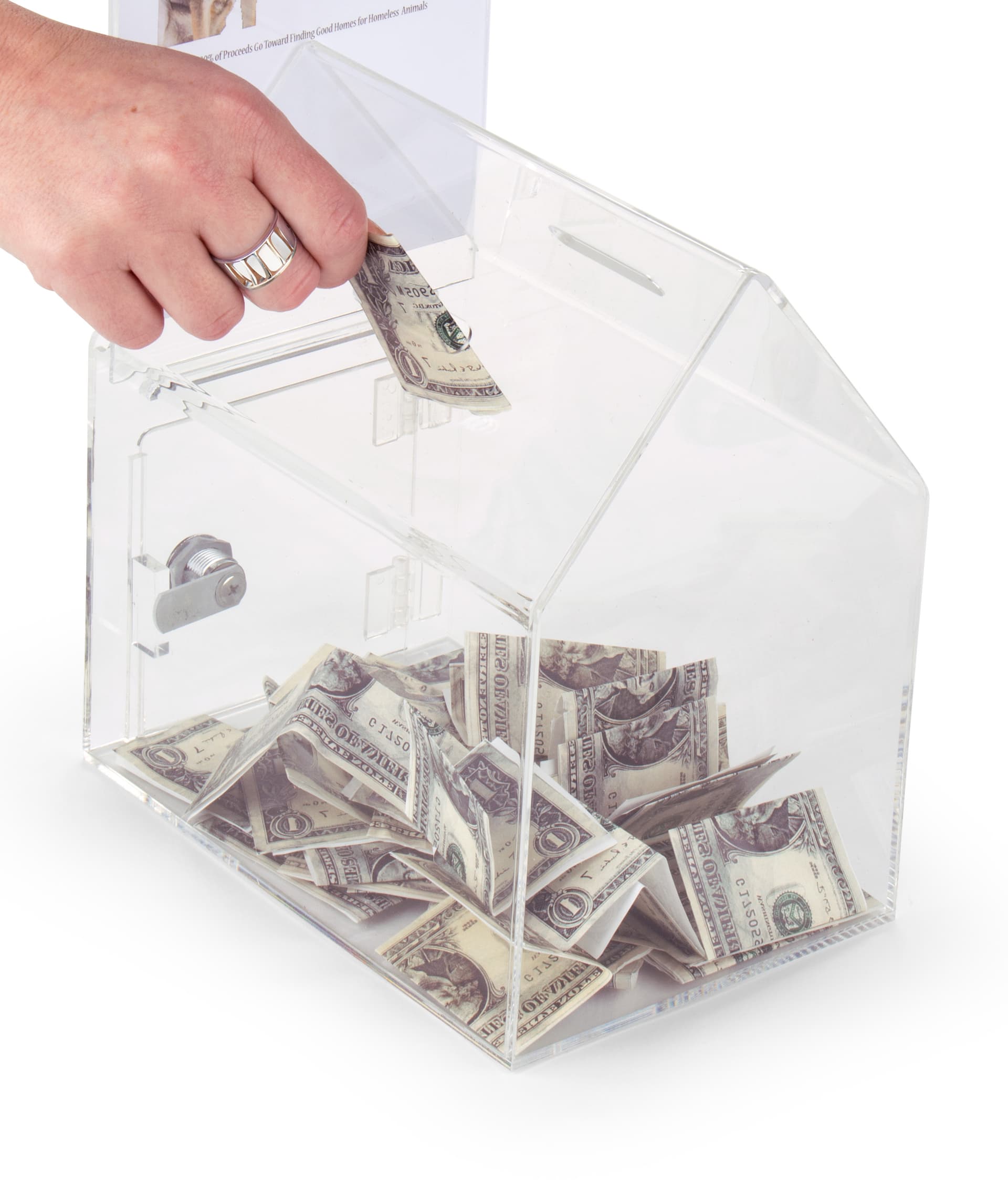 House shaped acrylic box with two coin slots