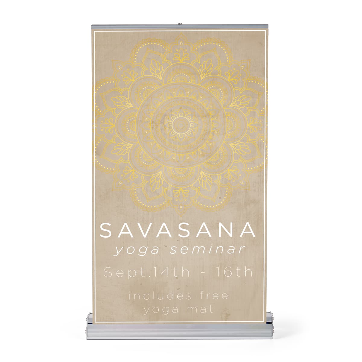 Standard tabletop banner replacement graphics measure 8 inches wide