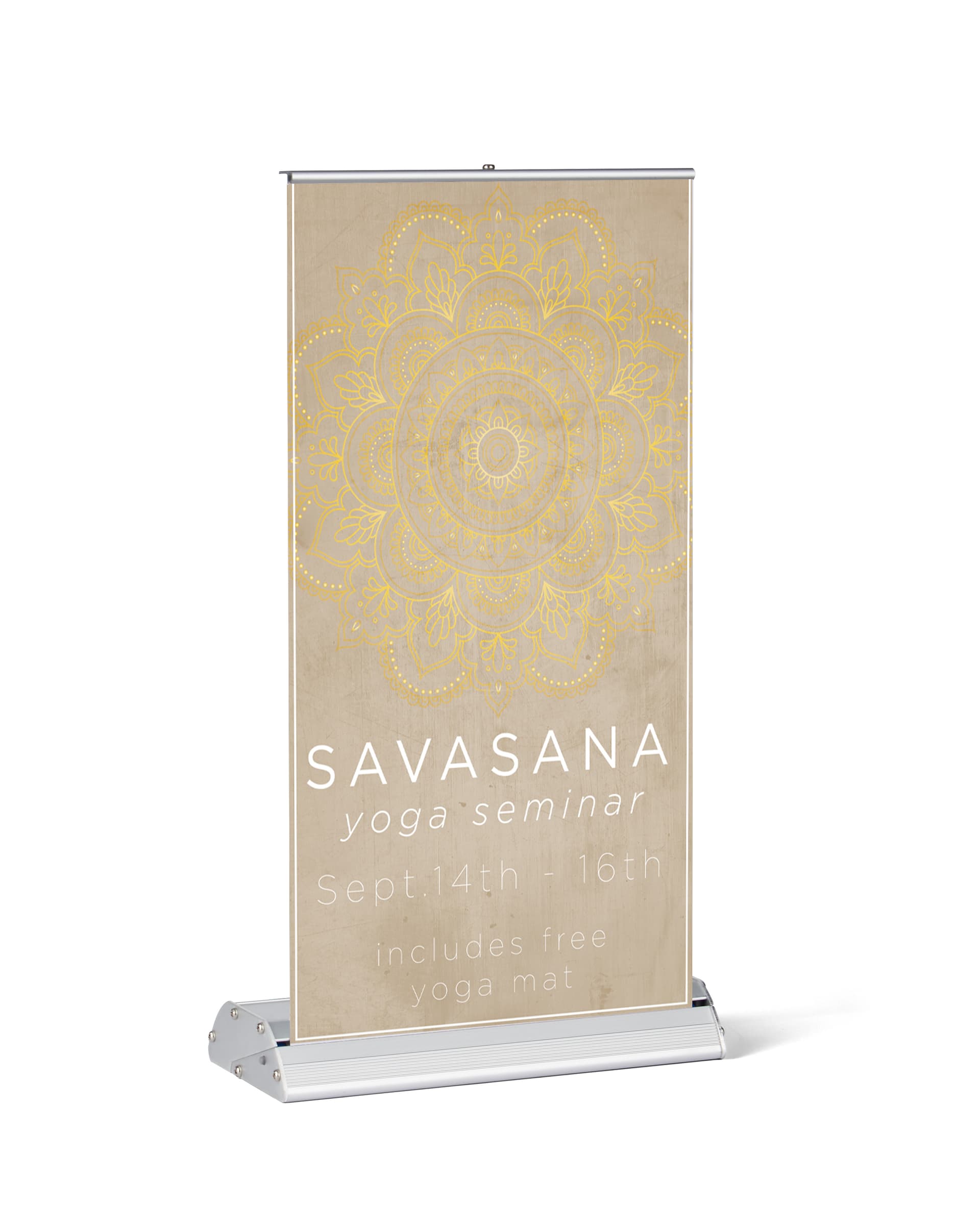 Standard tabletop retractable banner stand with silver base
