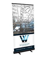 Budget narrow base retractable banner stand with floor standing placement