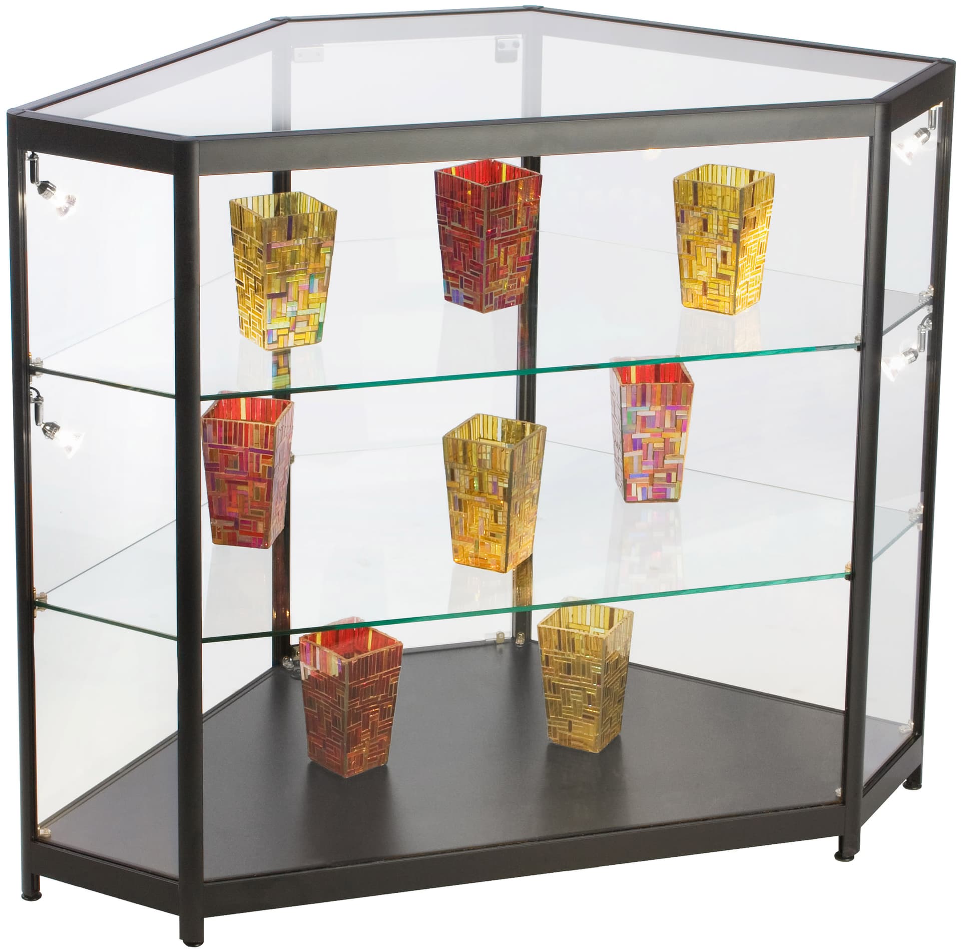 LED Glass Counter Corner, Hinged Door
