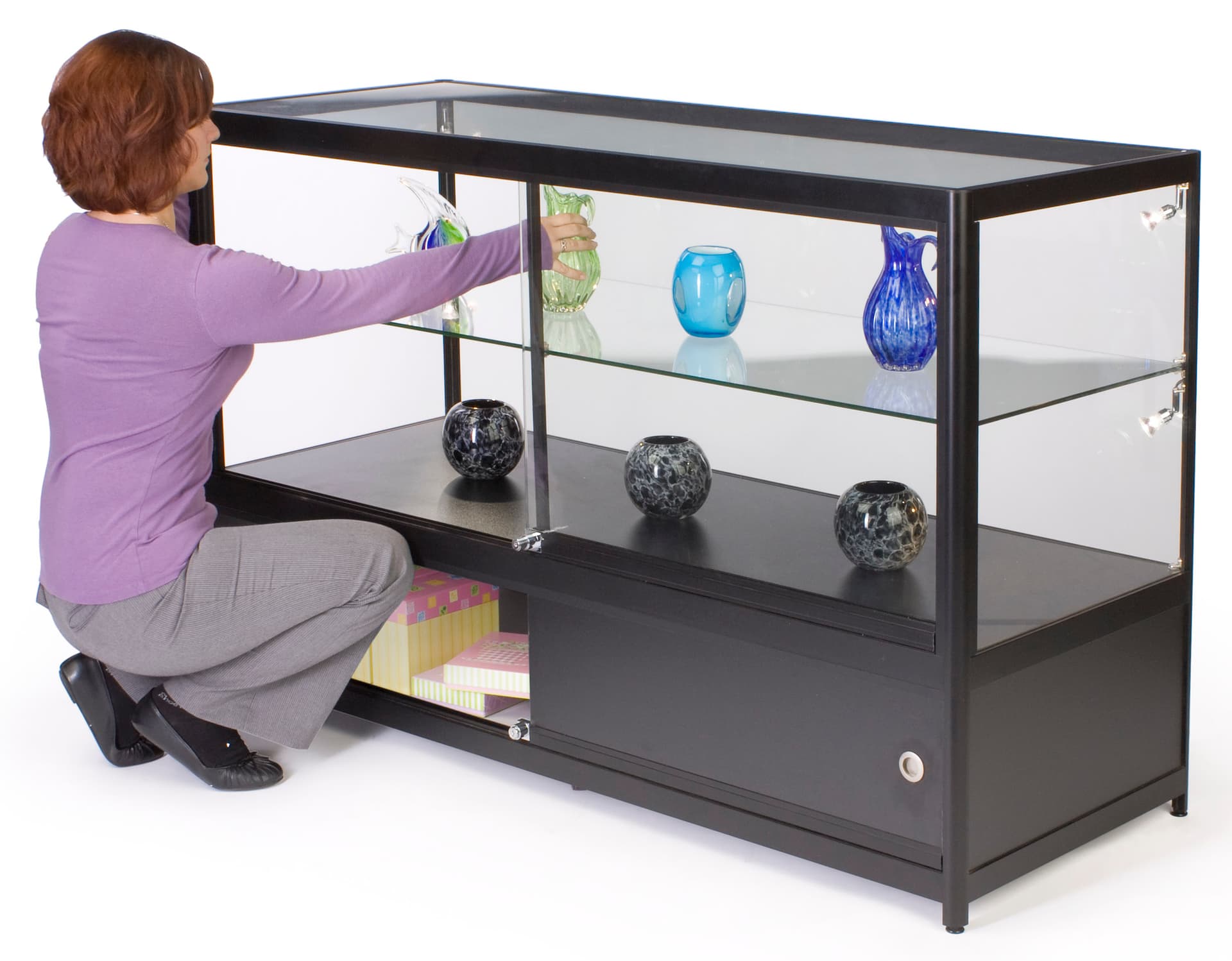 Lighted Glass Display Counter with Enclosed Storage Area