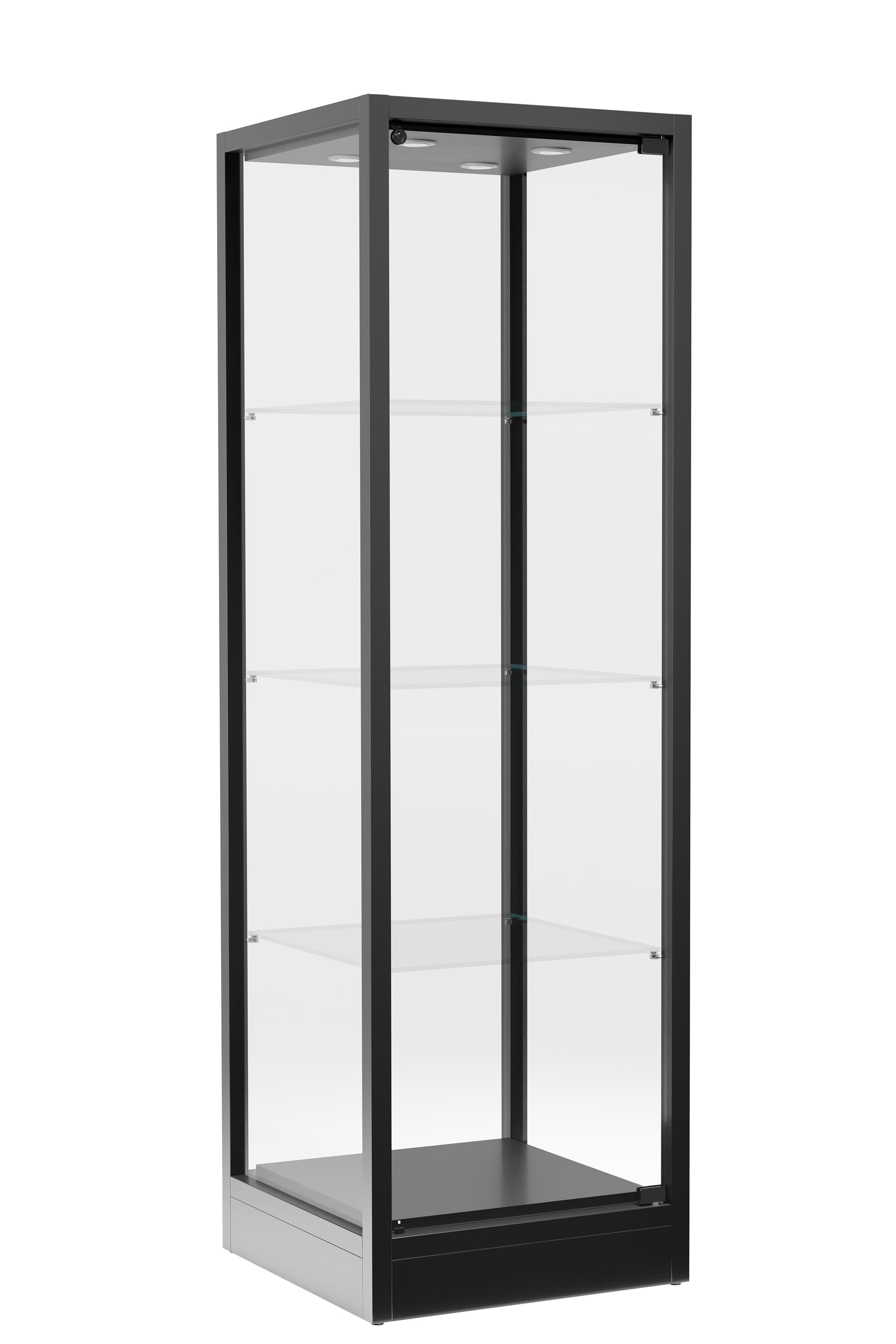 Glass tower display case with with swing open door