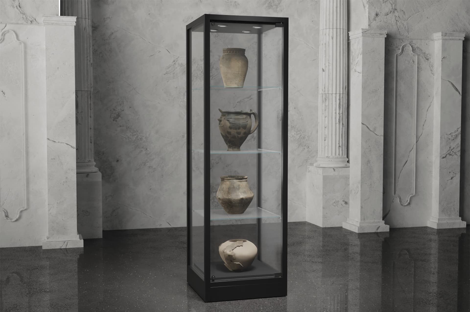Glass tower display case with modern design