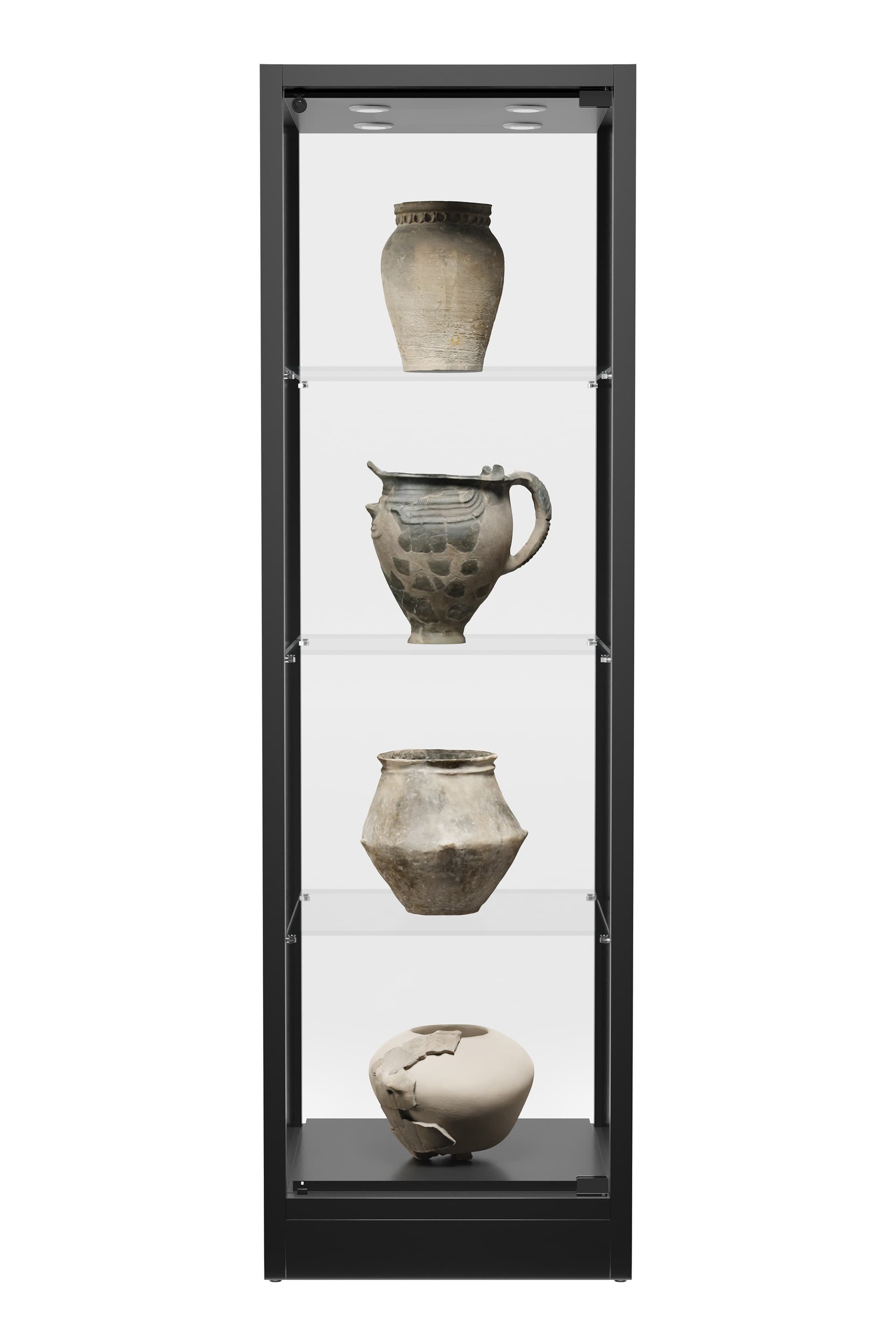 Glass tower display case with  55 lb weight capacity per shelf