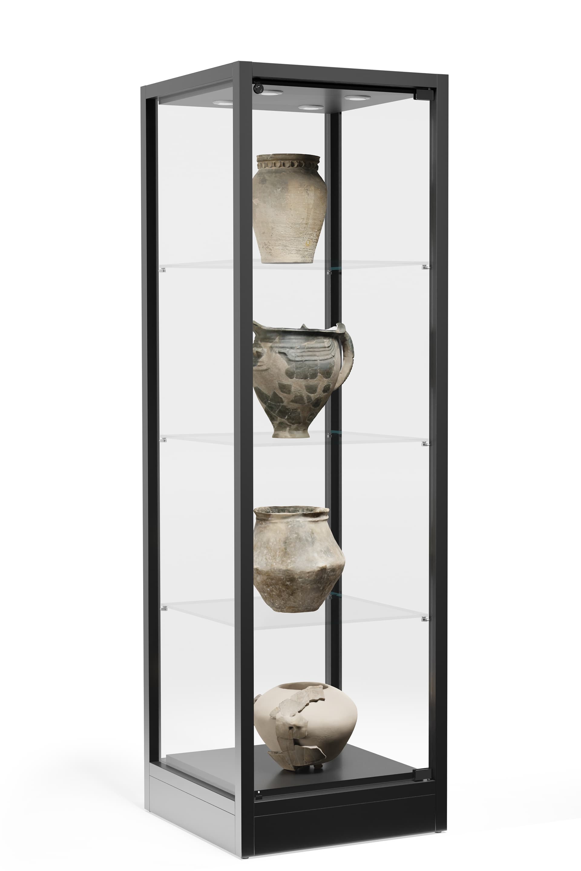 Glass tower display case with three shelves
