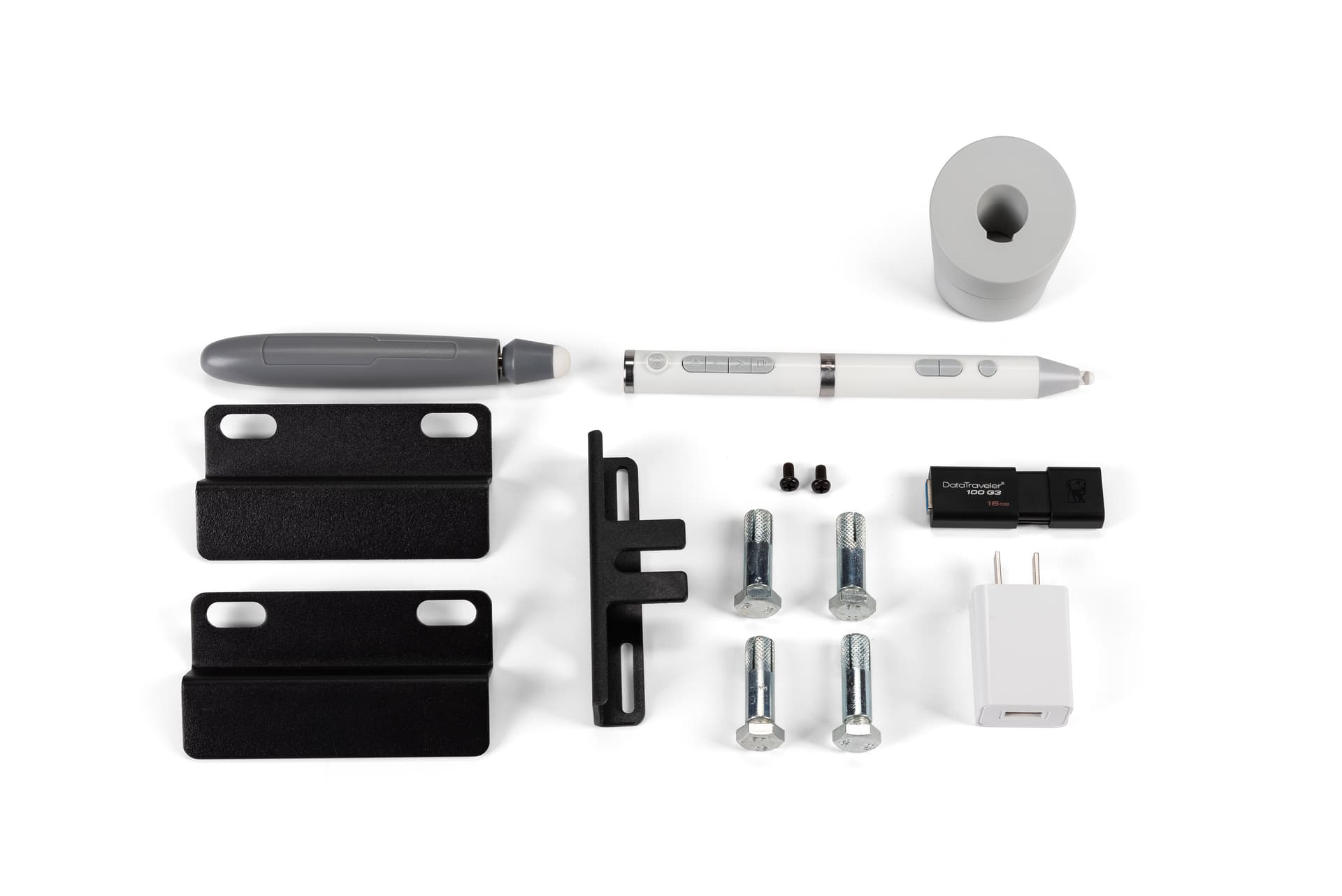 Digital interactive whiteboard with multiple accessories and wall mounting hardware 