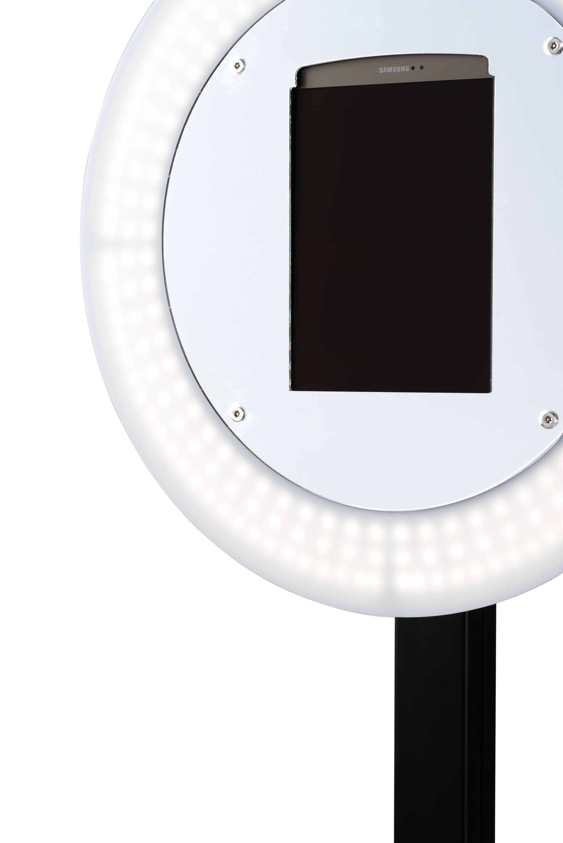 Anti-theft iPad photo booth stand with light ring and tablet enclosure reinforced with security screws