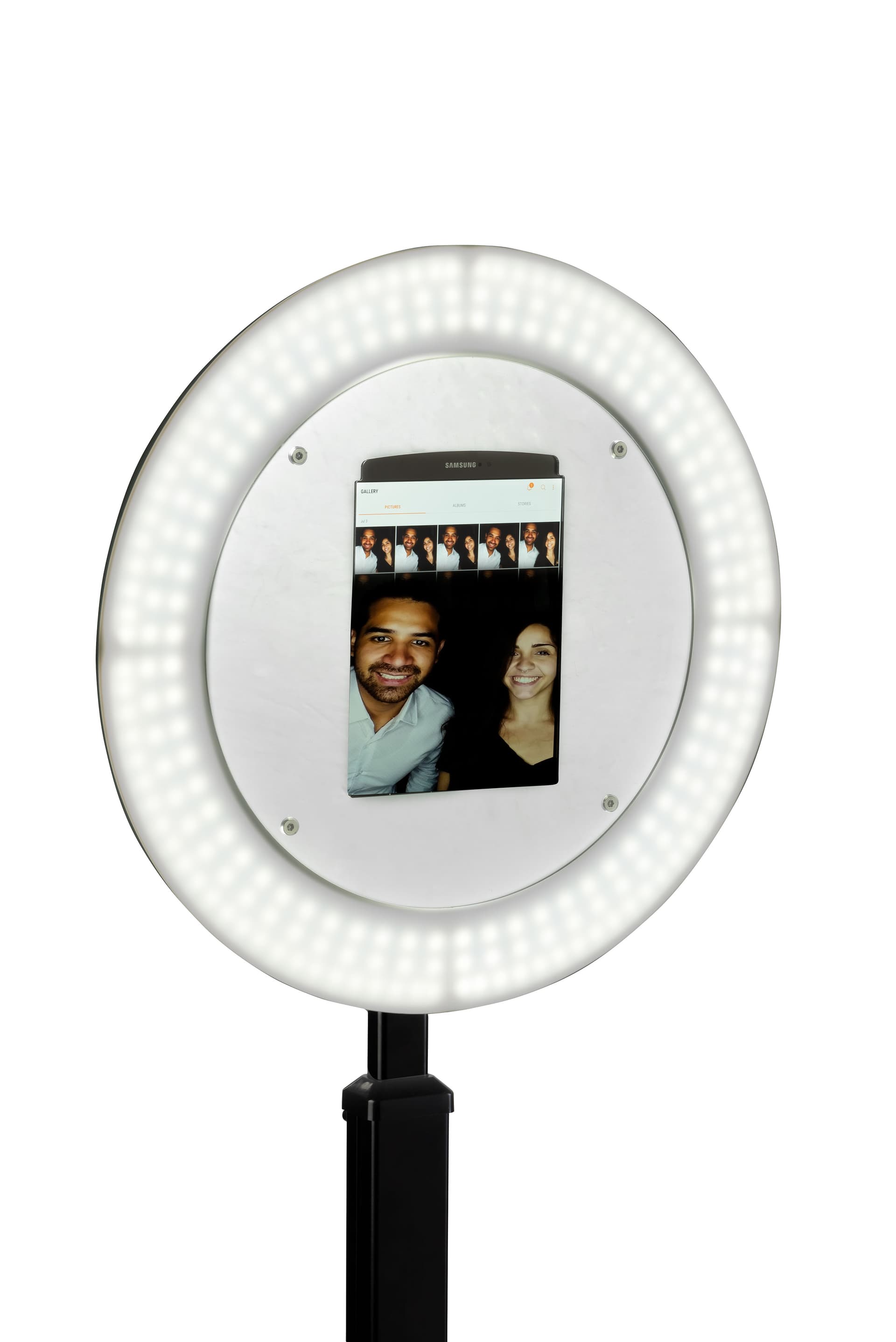 Brightly-lit iPad photo booth stand with light ring
