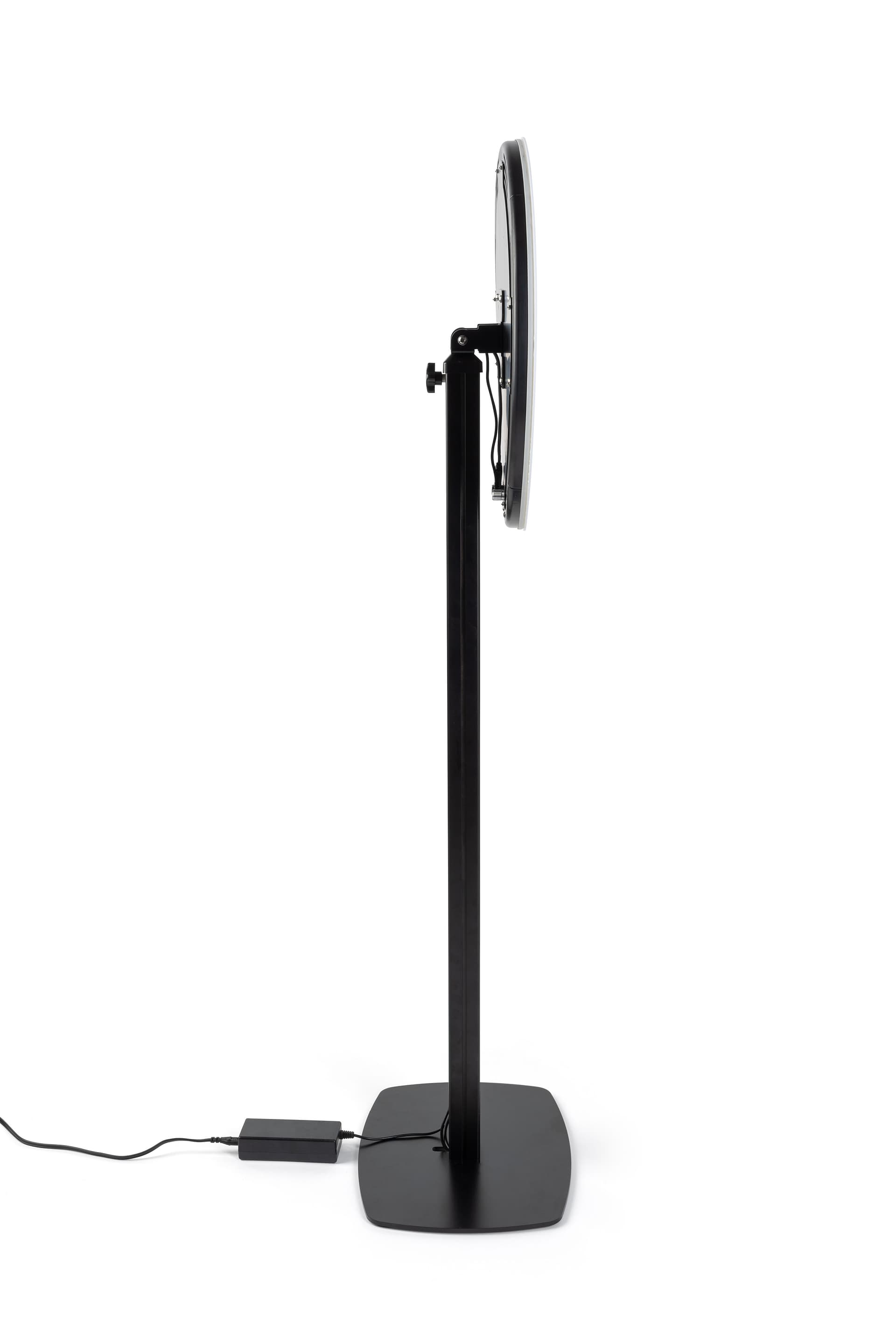 Sleek and discreet side profile of iPad photo booth stand with light ring