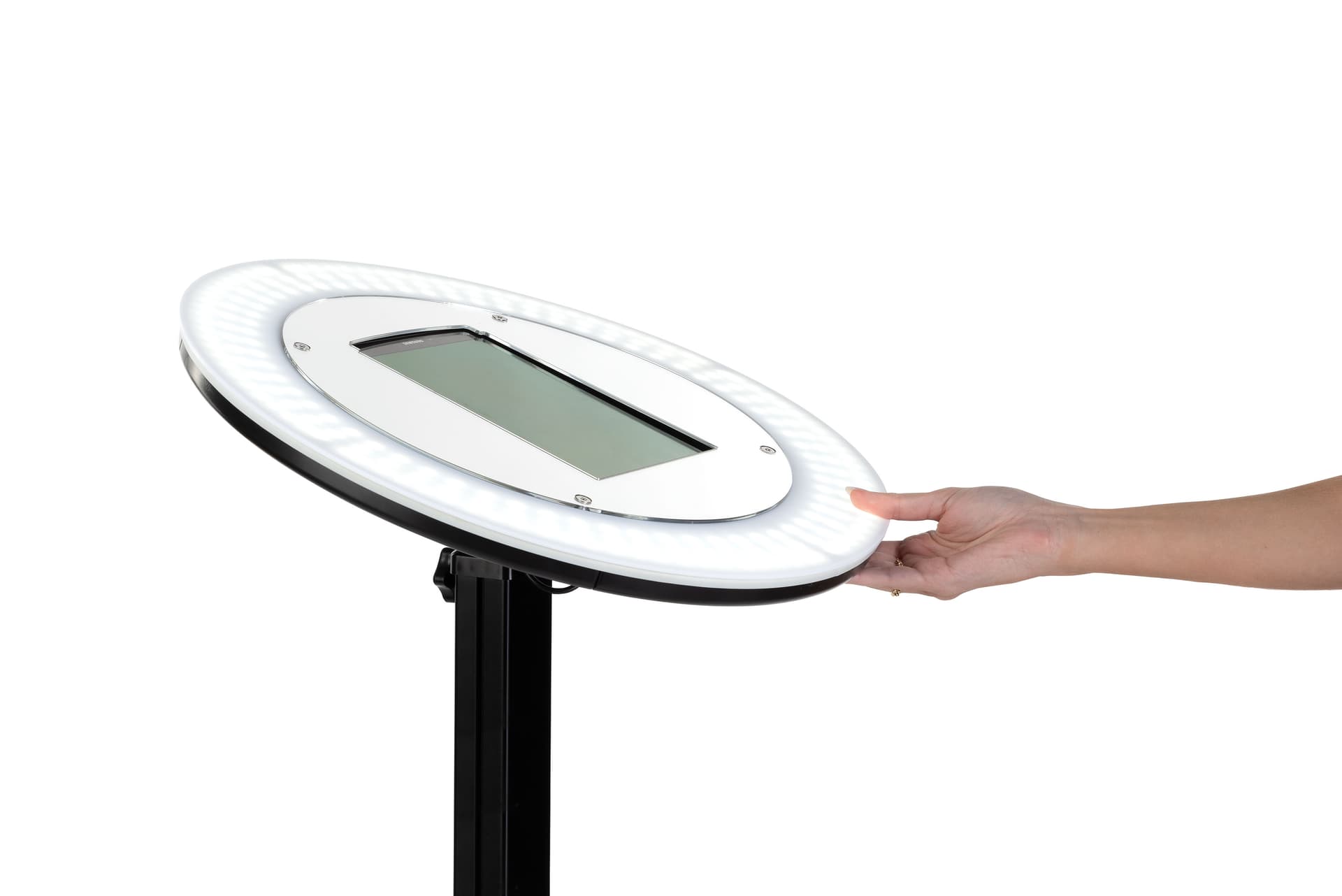 Titling iPad photo booth stand with light ring enclosure