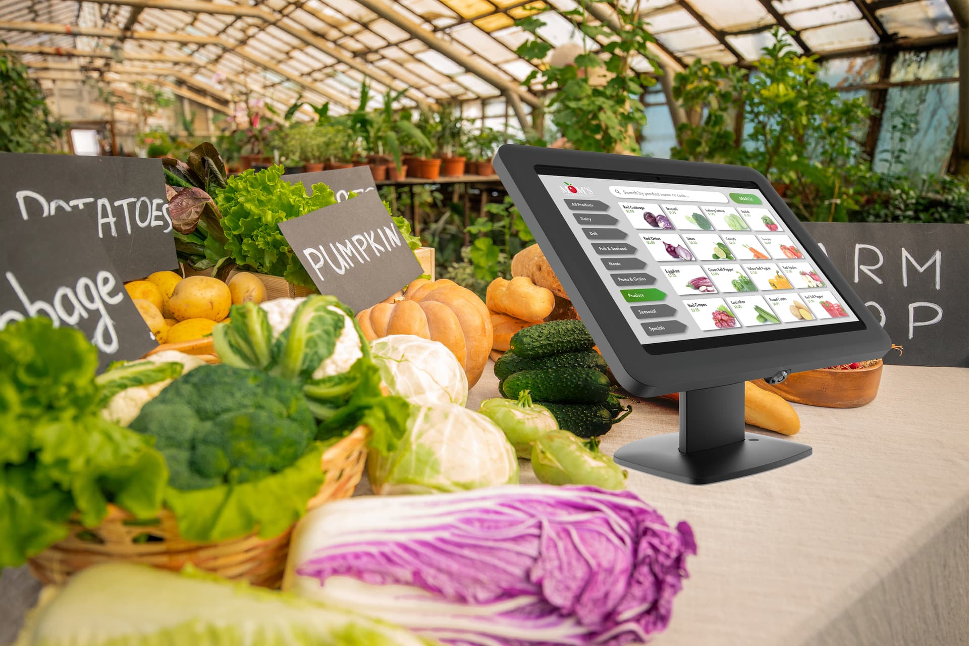 Microsoft Surface kiosk stand being utilized at a farmers market as a POS system