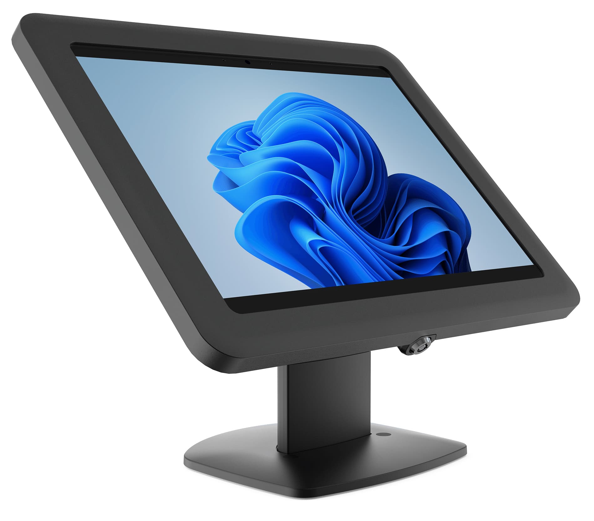 Microsoft Surface kiosk stand with exposed front facing camera and hidden back facing camera