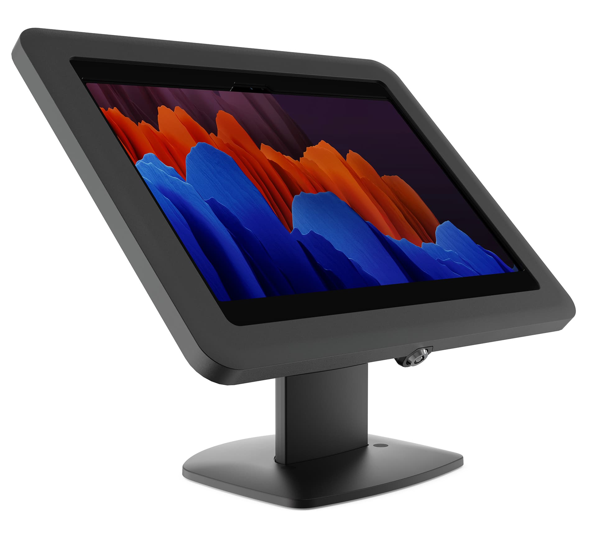Countertop Samsung Galaxy tablet holder with exposed front facing camera and hidden back facing camera