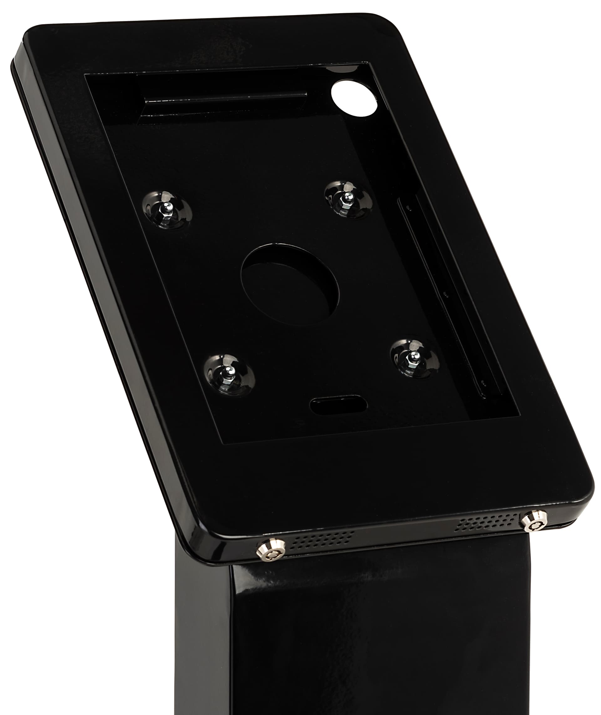 This tablet kiosk enclosure has an anti-theft system