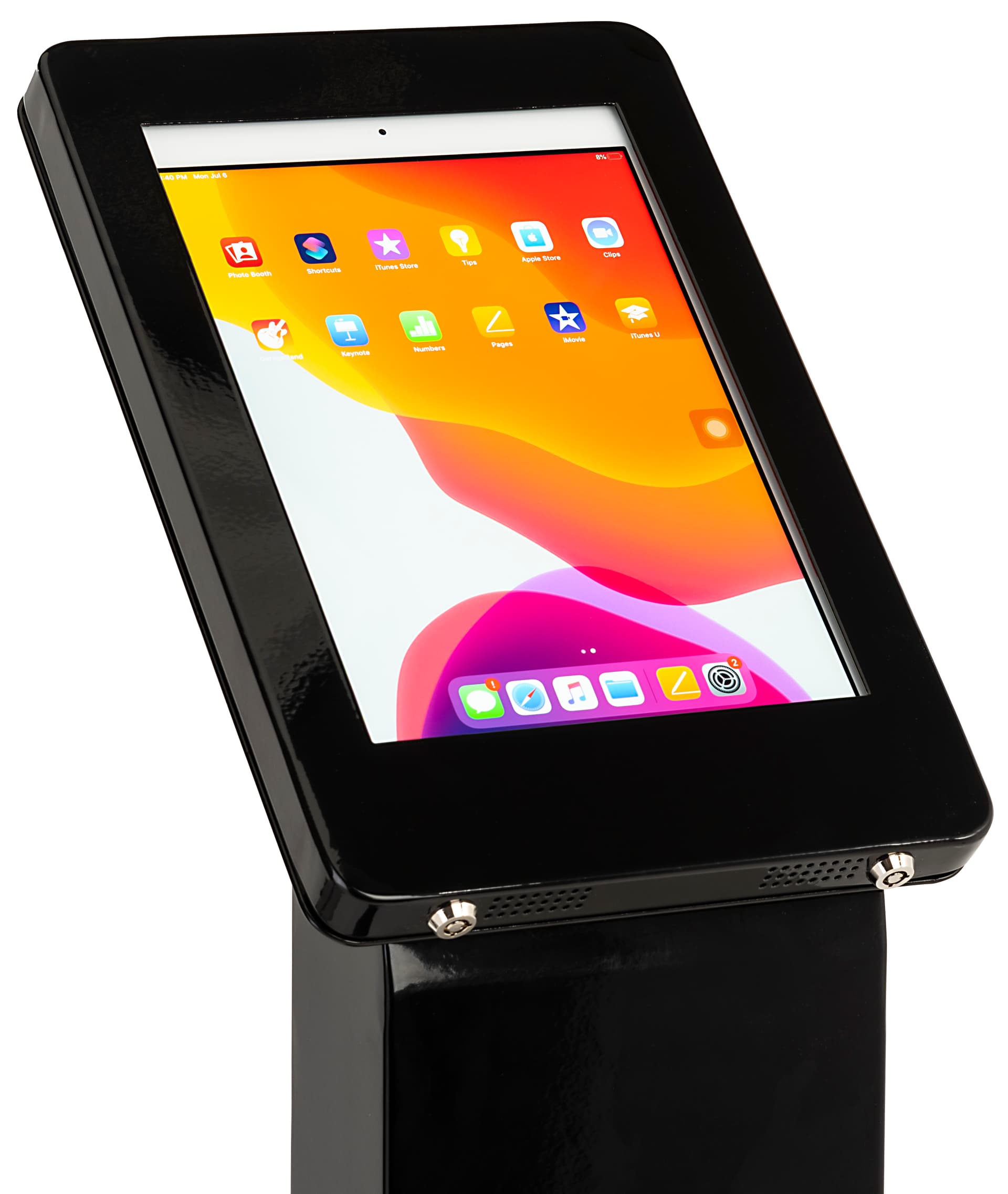 Locking floor stand iPad kiosk with 8 inch wide by 12 inch tall compartment 