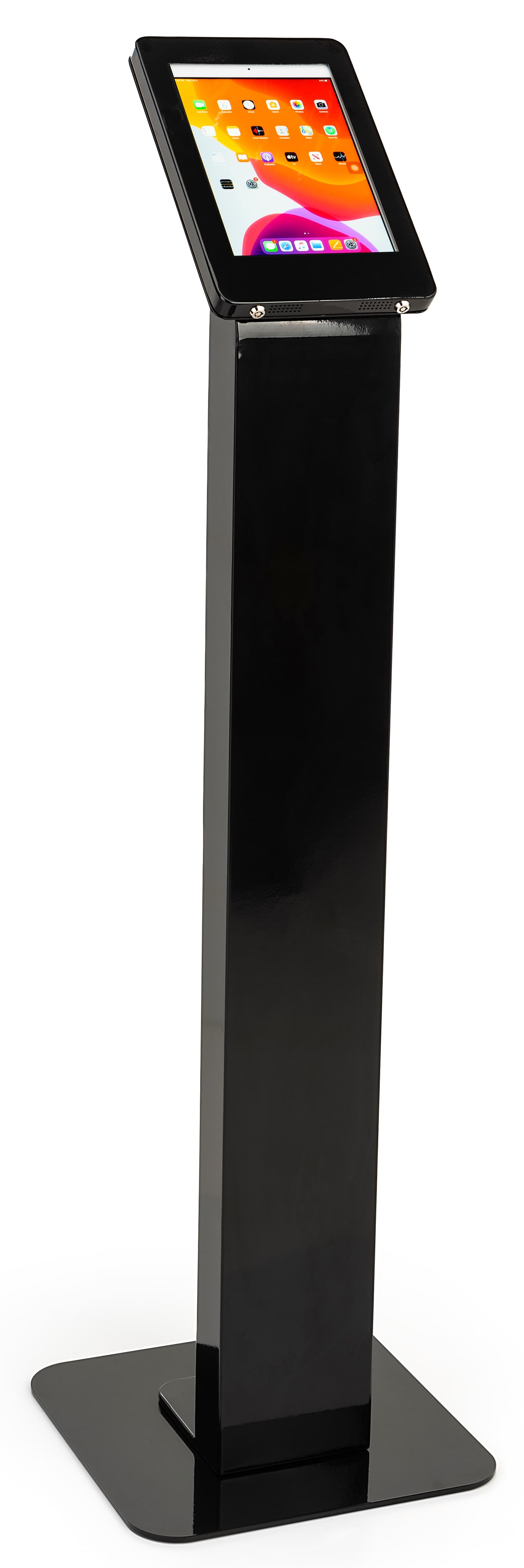 Locking floor stand iPad kiosk with black powder coated finish 