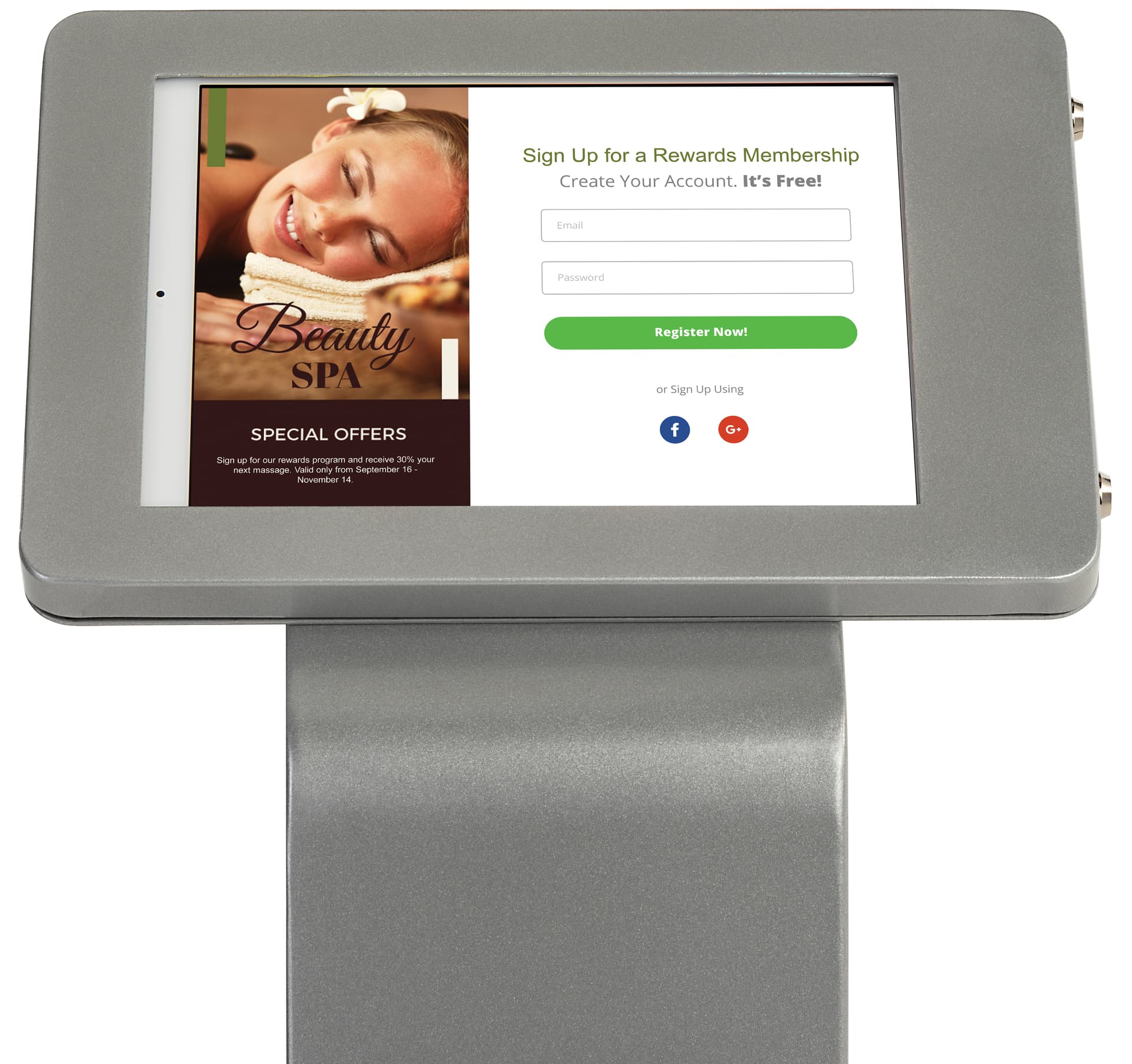 Silver iPad enclosure floor stand with rounded edge design 