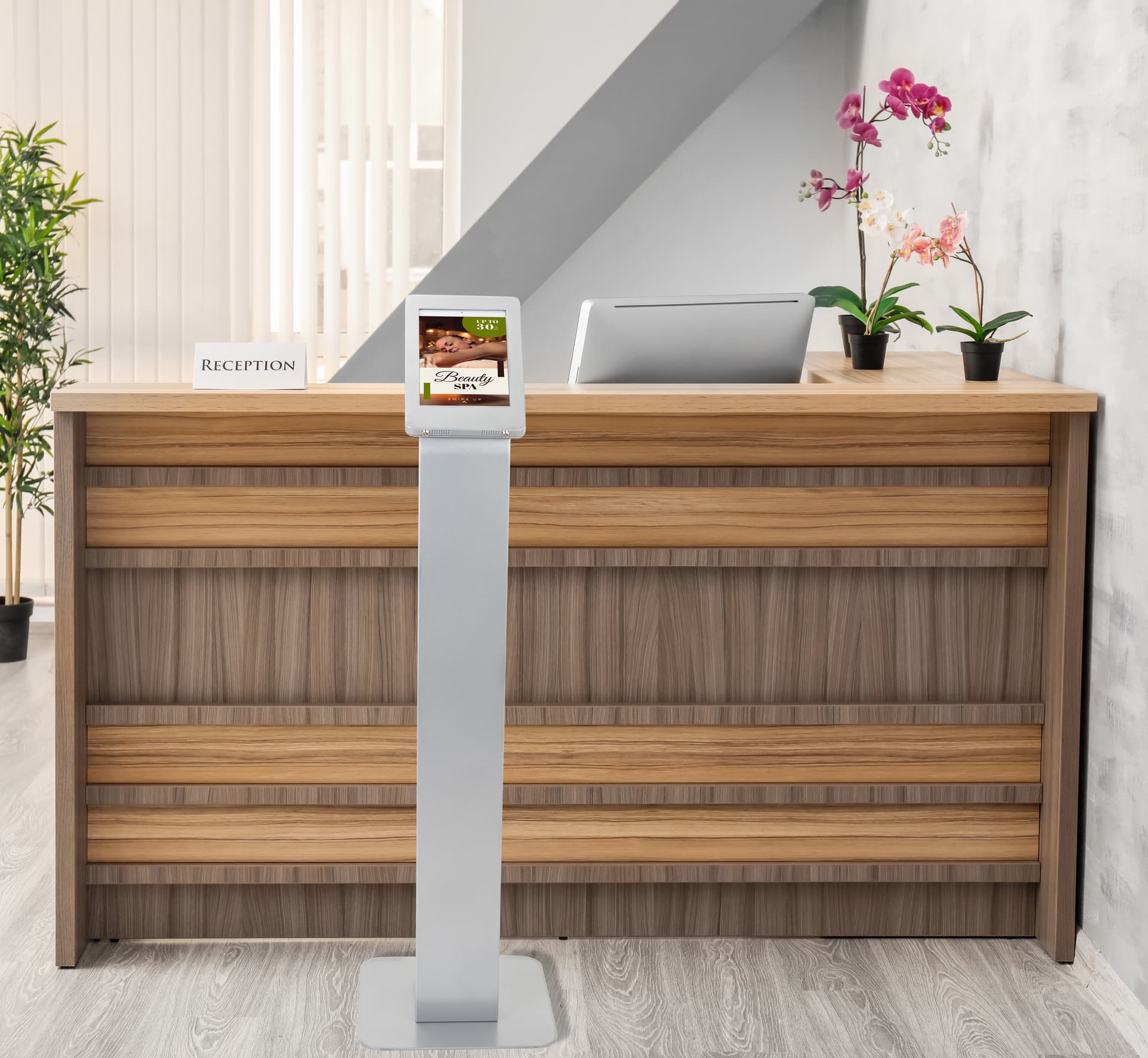 15 x 55 iPad enclosure floor stand with portrait and landscape orientation 
