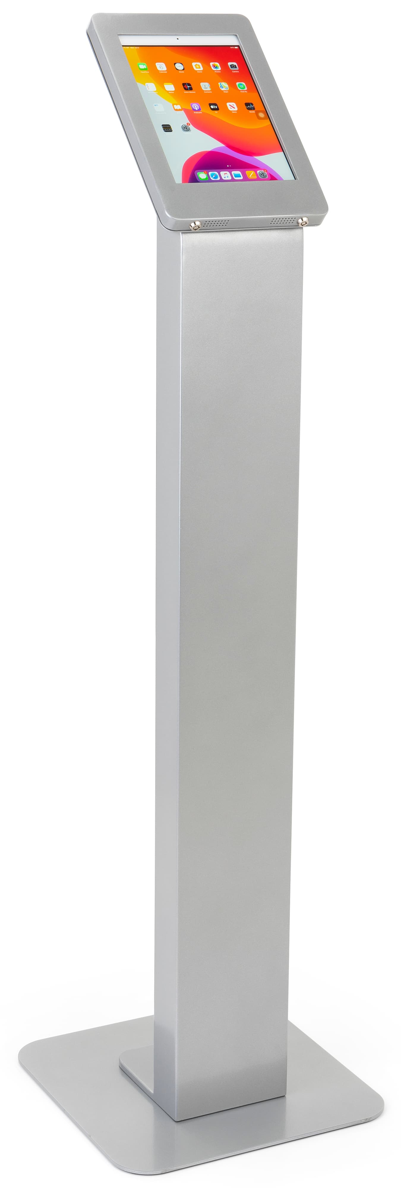 Silver iPad enclosure floor stand with power coated finish 